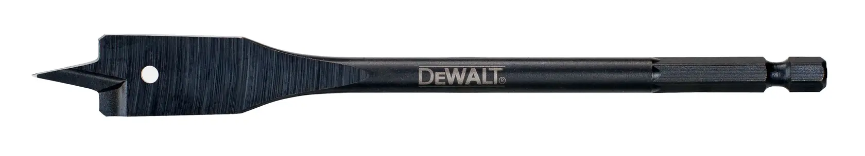 Un foret à bois plat DEWALT avec queue hexagonale, conçu pour percer des trous dans le bois. Le foret est noir et porte le logo DEWALT sur l’arbre.