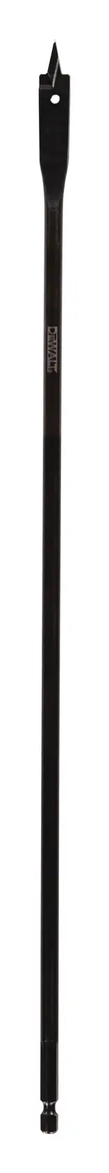 Un long foret plat à bois DEWALT avec une pointe et une tige hexagonale, positionné verticalement sur un fond blanc.