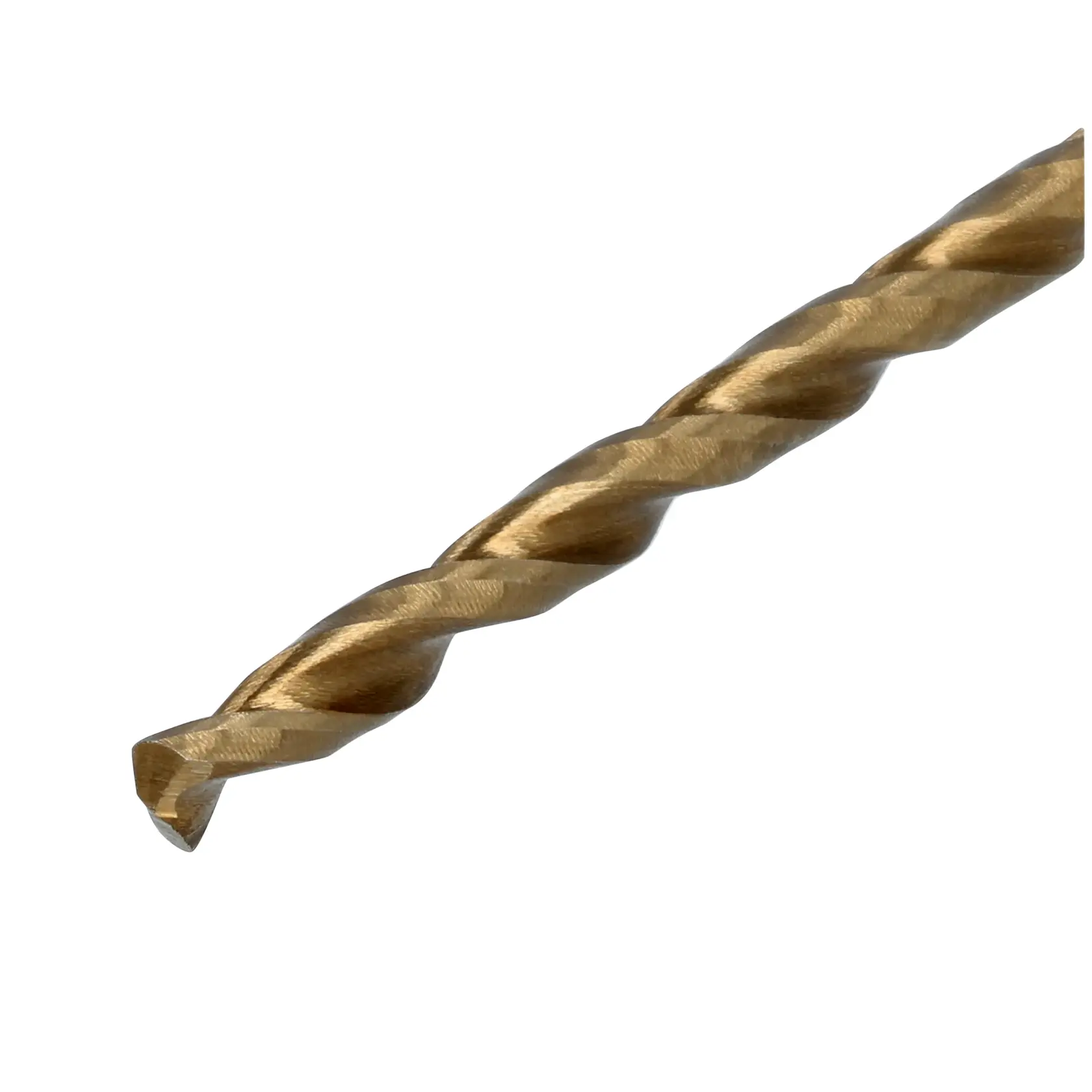 Close-up of a gold-colored twist drill bit with a sharp tip, shown on a white background.