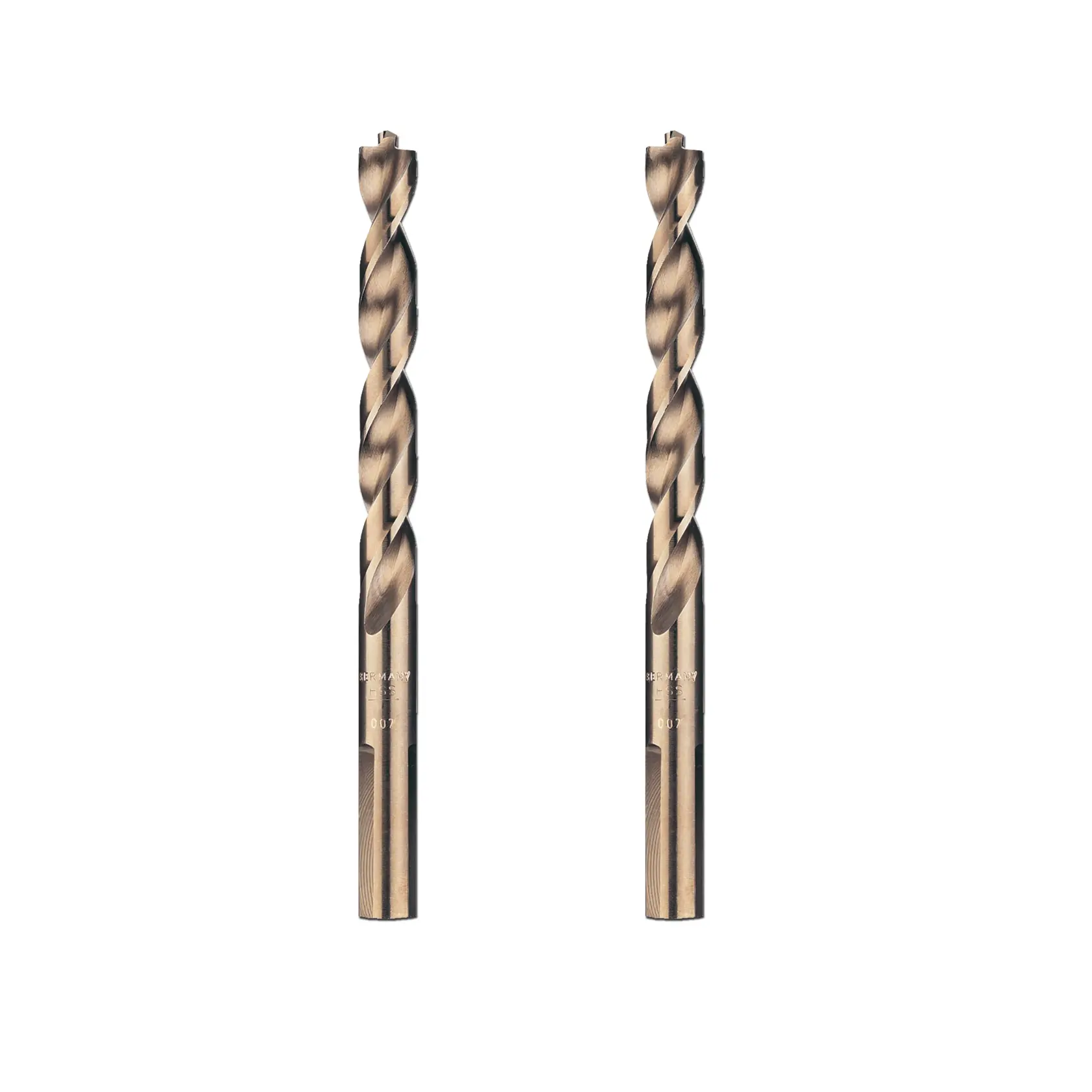 Dos brocas espirales para metal DEWALT DT5038 mostradas verticalmente sobre fondo blanco.