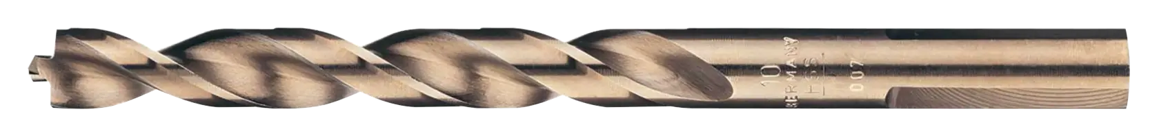 Una broca helicoidal de acero rápido con vástago cilíndrico, diseñada para uso con taladros eléctricos. La broca se muestra