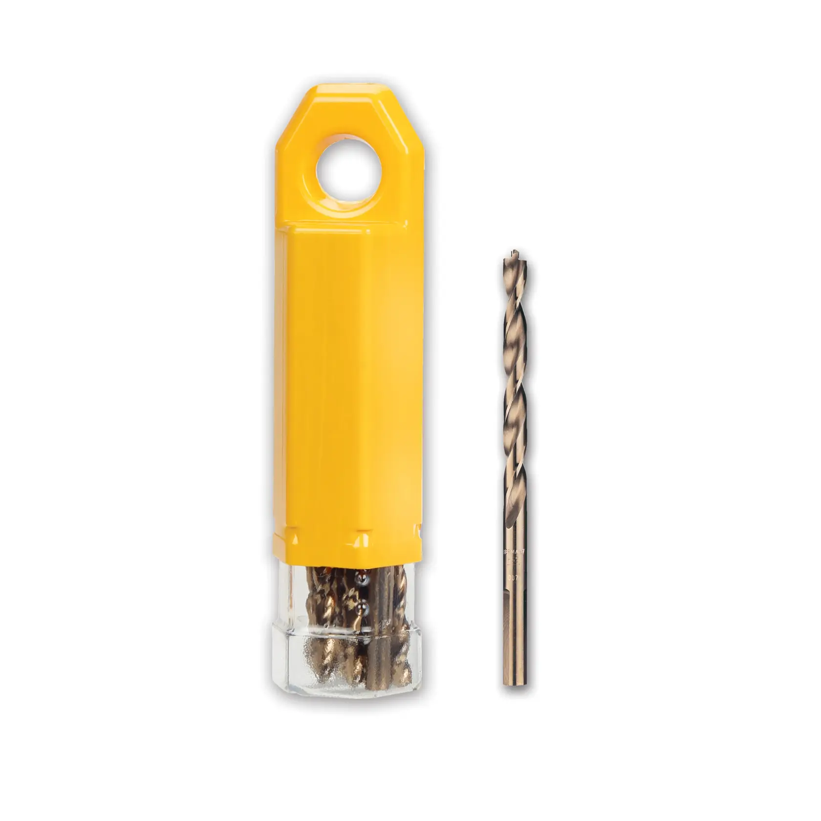 Juego de brocas DEWALT con estuche amarillo y una broca metálica al lado.