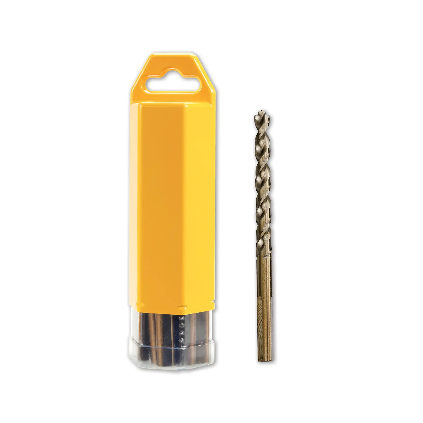 Broca de metal DEWALT DT5550 con estuche amarillo sobre fondo blanco.