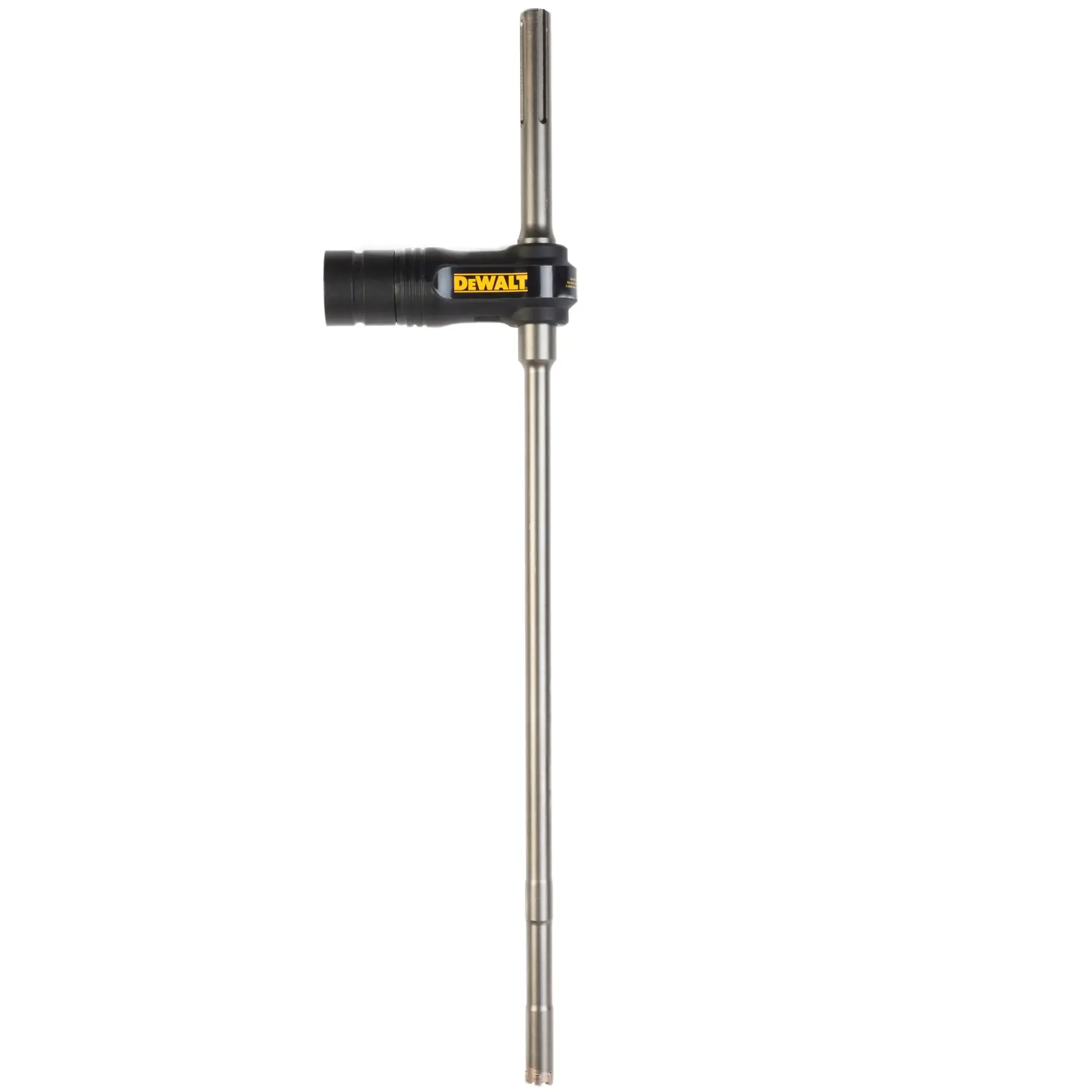 DEWALT DT60231 long cylindrical drill bit with side attachment, metal and plastic construction on white background.
