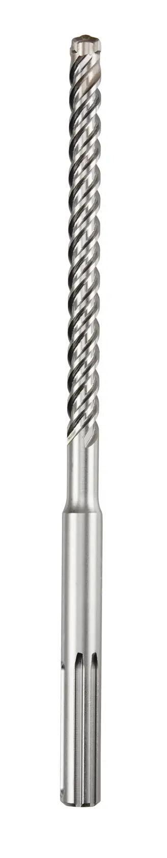 Foret SDS en métal avec rainures spirales, présenté verticalement sur fond blanc.