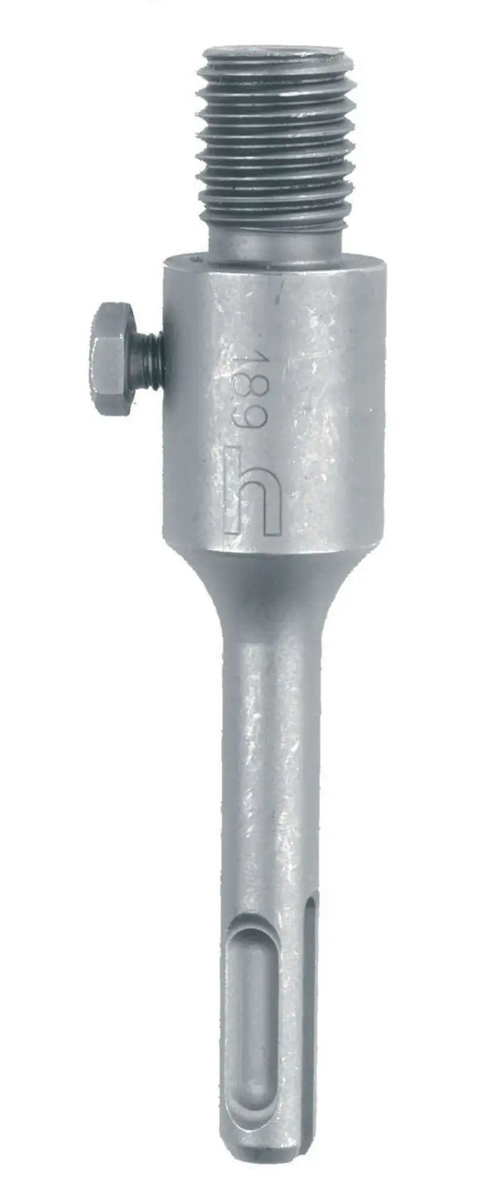 Adaptateur DEWALT DT6750 en métal, cylindrique, fileté en haut pour fixer des couronnes de perçage.