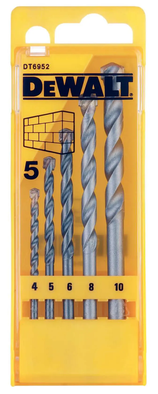 Set DEWALT de 5 forets maçonnerie, SKUs DT6952-QZ, DT6952, boîte jaune, catégorie photographie.