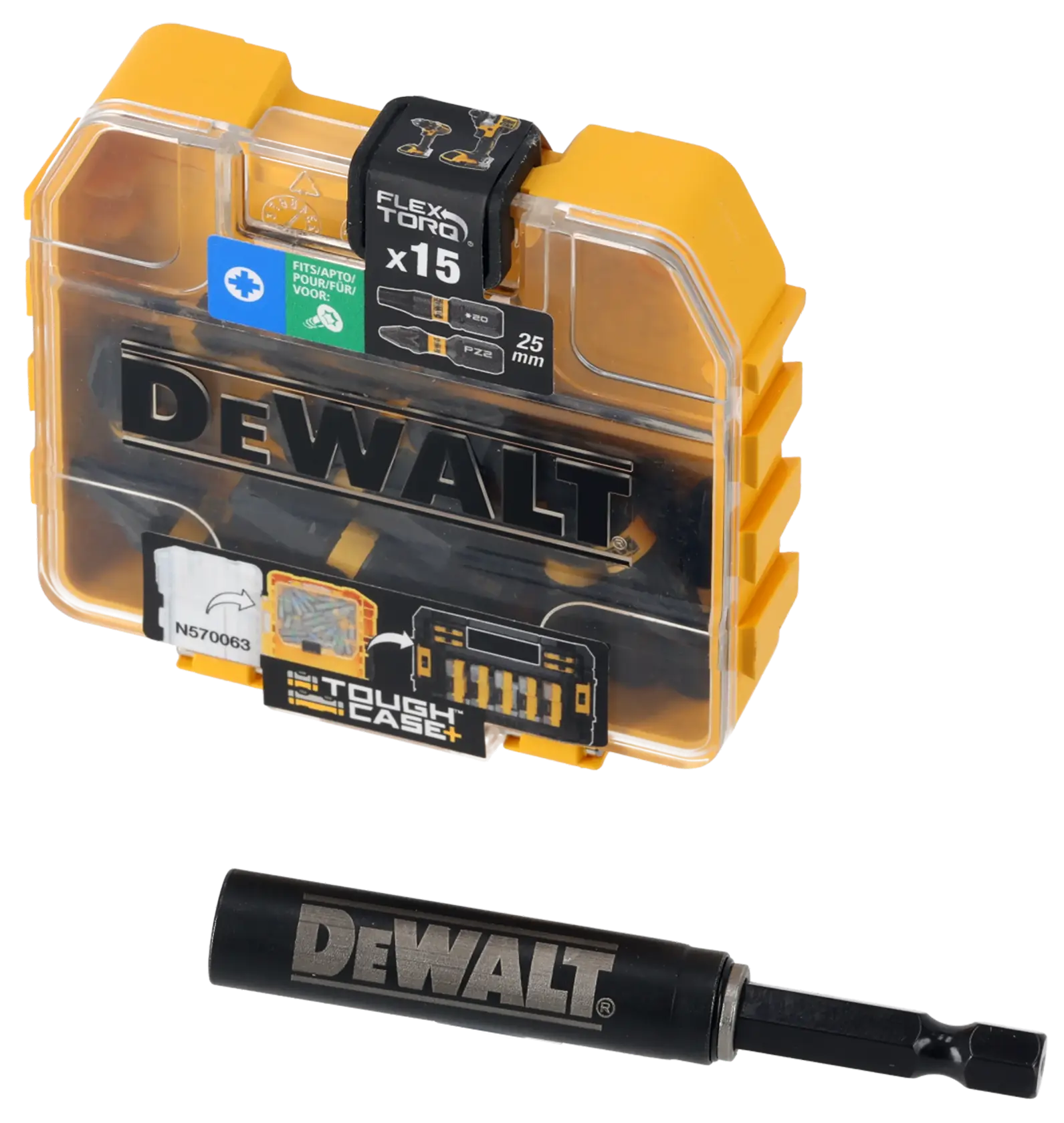 A DEWALT DT70522T photography accessory kit in a yellow and transparent plastic case, shown with one black DEWALT adapter piece placed beside the case.