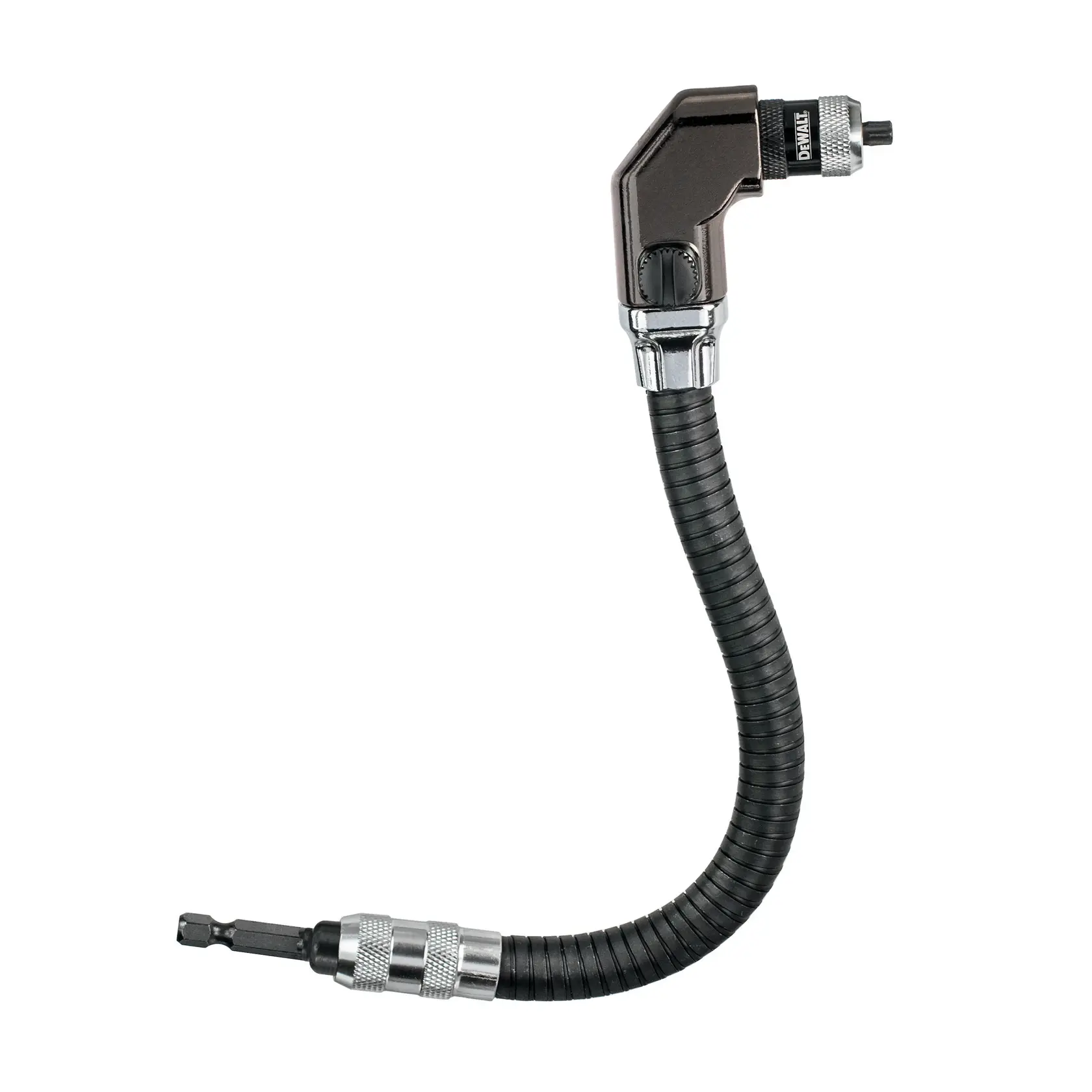 Un accessoire de tournevis à arbre flexible DEWALT avec une tête à angle droit et un arbre en spirale noir.