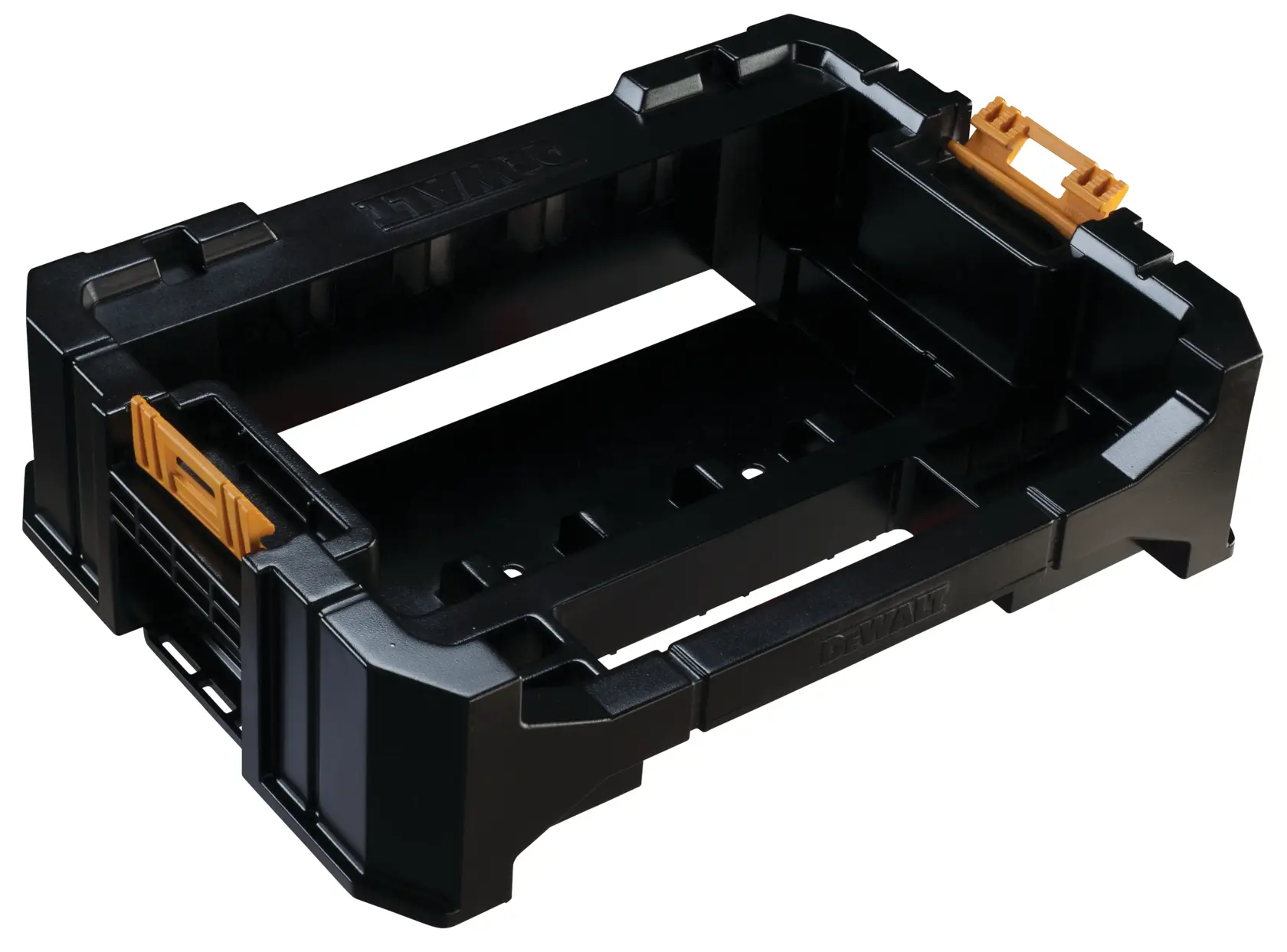Bac de rangement DEWALT DT70716 noir avec clips orange, destiné à organiser des outils.