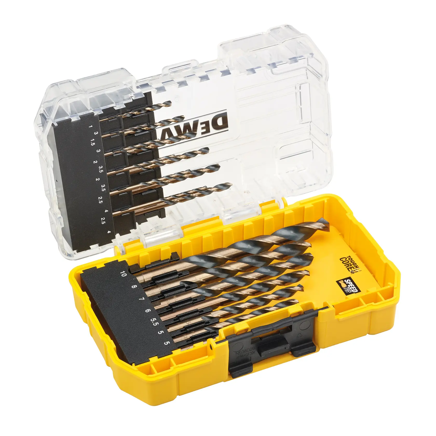 Set de forets DEWALT dans un boîtier jaune à couvercle transparent. Plusieurs tailles rangées.