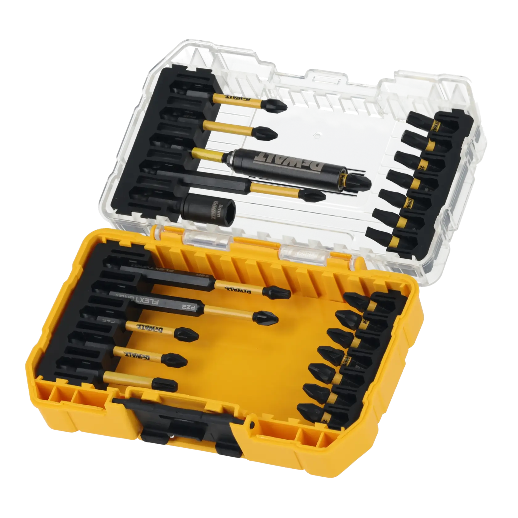 Juego DEWALT DT70730T con puntas de destornillador en caja amarilla, abierto mostrando varios tamaños.