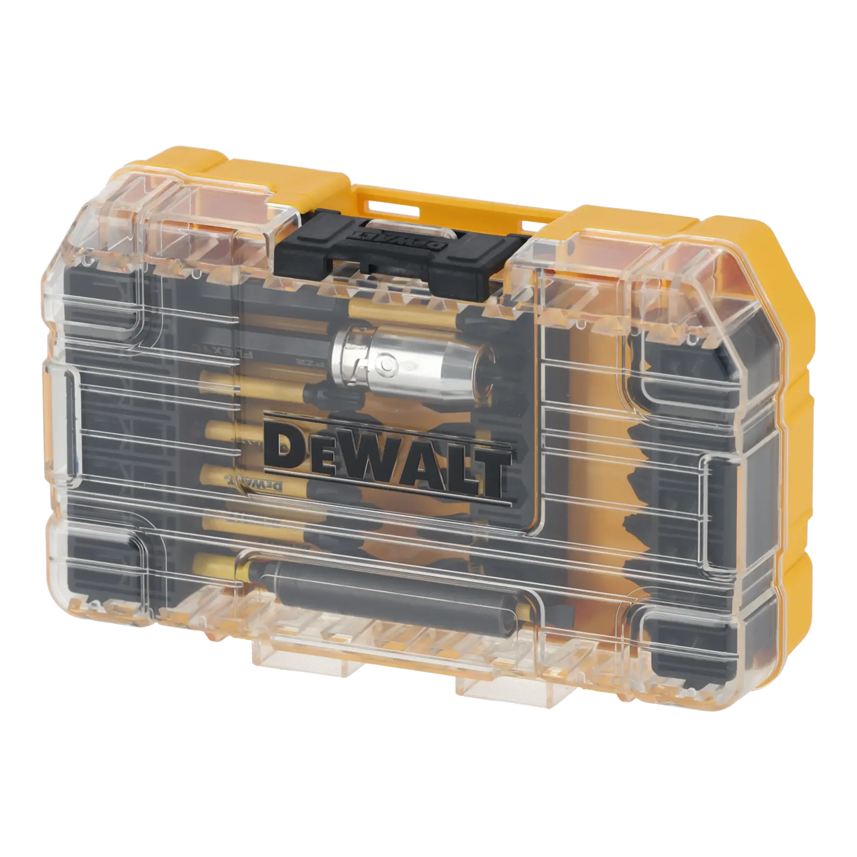 DEWALT DT70731T set with assorted screwdriver bits in a transparent yellow plastic case.