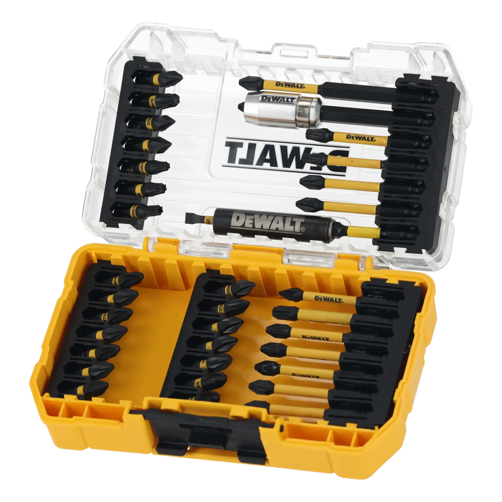 DEWALT DT70731T bit set in a yellow case with multiple screwdriver bits and holders.