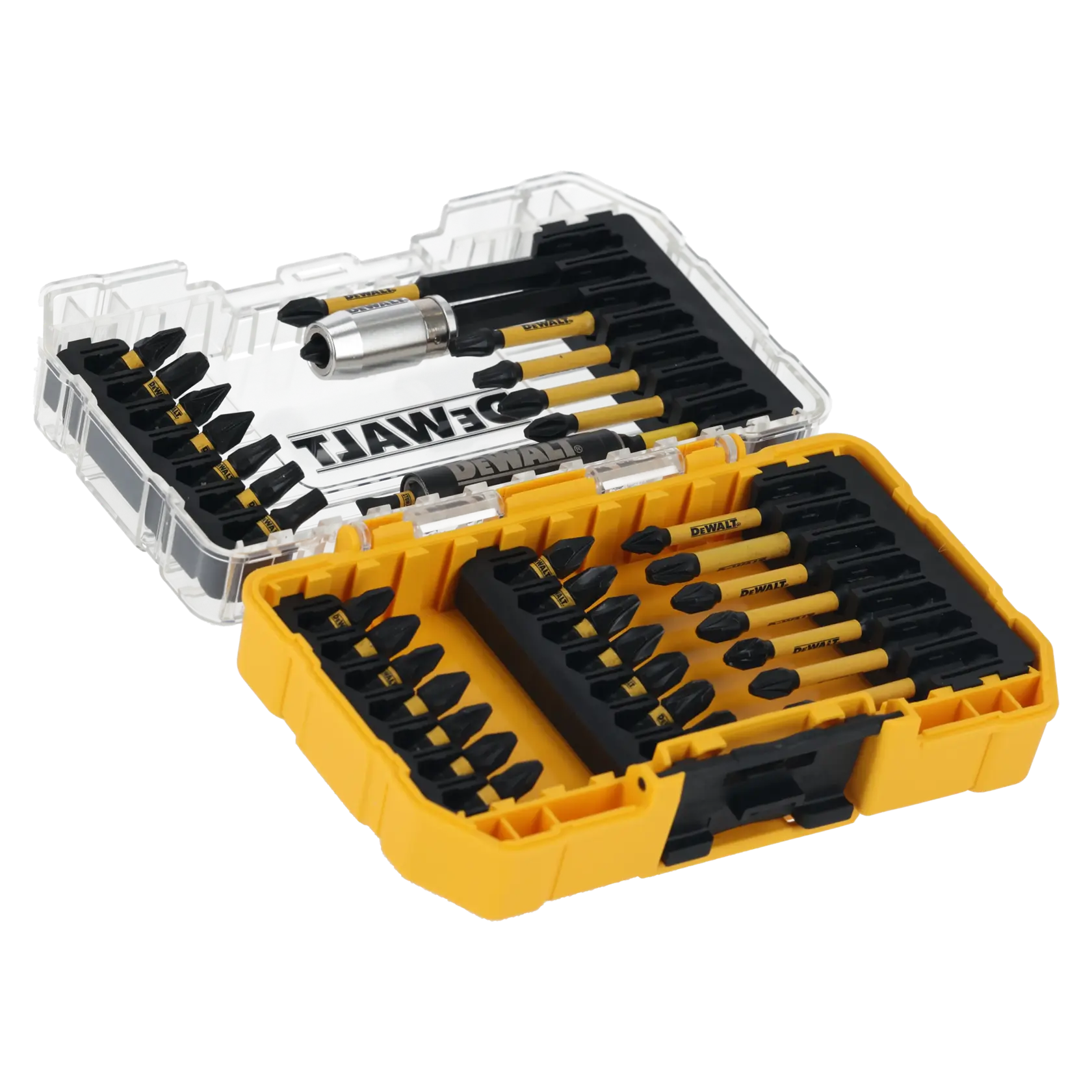 DEWALT DT70731T yellow case with assorted screwdriver bits and accessories, open with visible compartments.