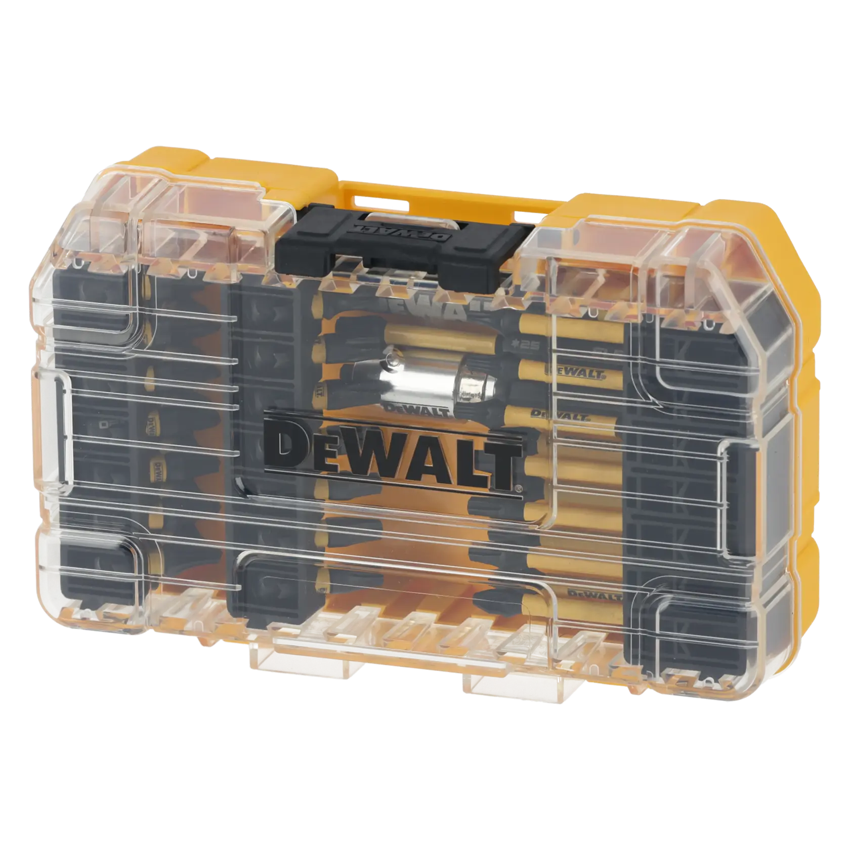 DEWALT DT70732T photography bit set in a yellow and clear plastic case, showing contents and DEWALT branding.