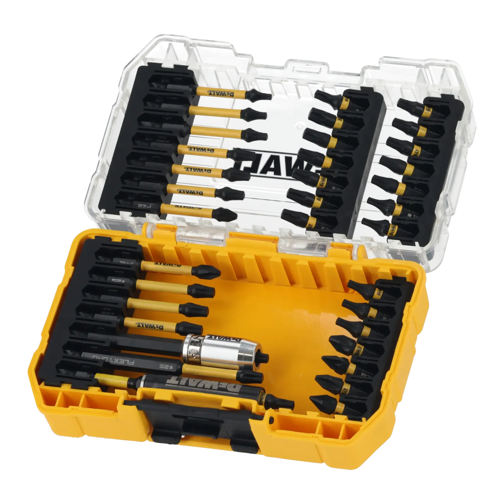Graphique montrant la marque DEWALT XTREME Sub-Compact Series avec le slogan 'Compact et performance garantie' sur un fond jaune.
