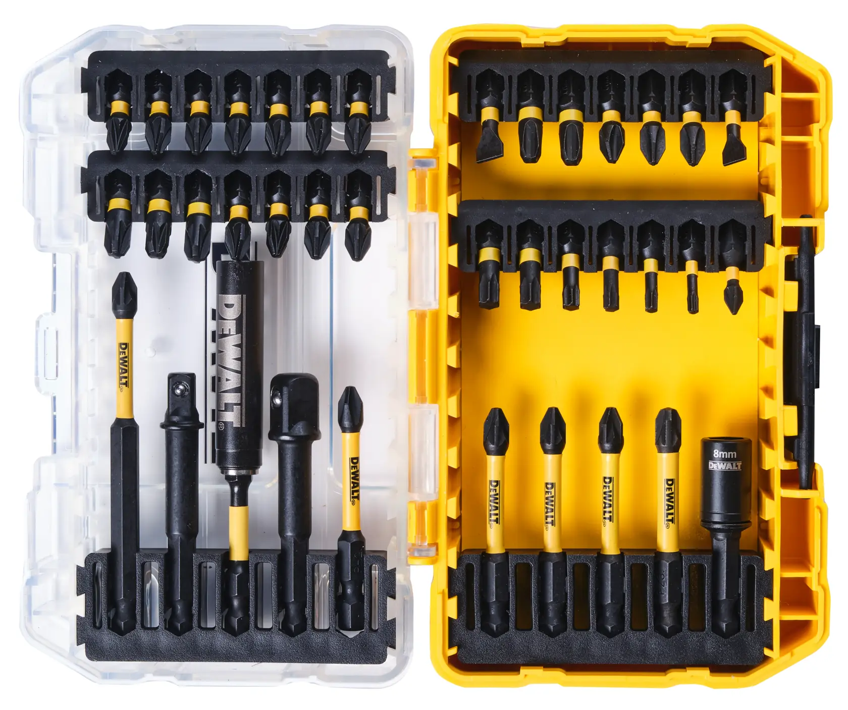 DEWALT DT70740T bit set in a yellow plastic box with assorted screwdriver bits and sockets.