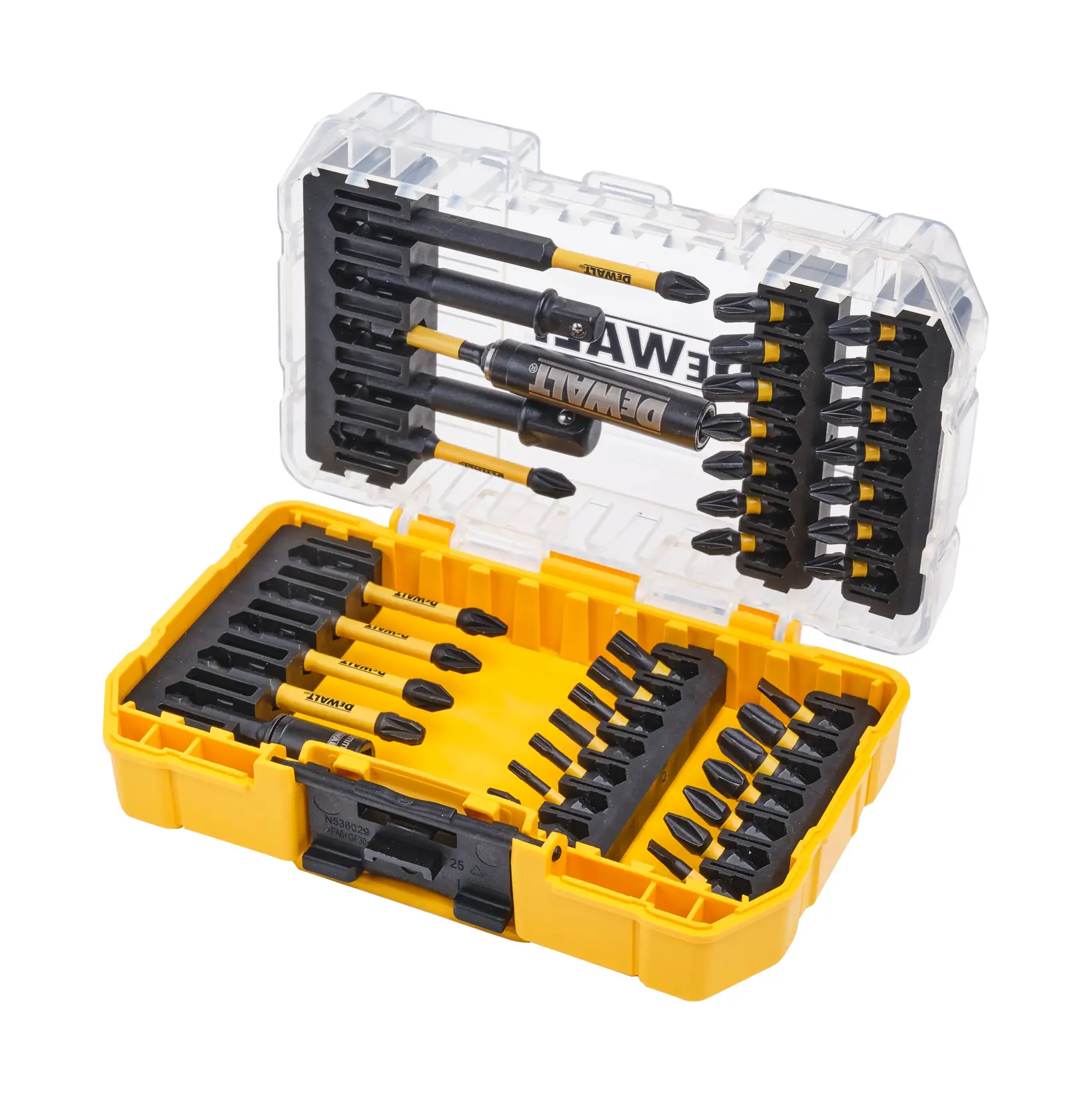 DEWALT DT70740T yellow and black screwdriver bit set in an open plastic case with various bits organized.