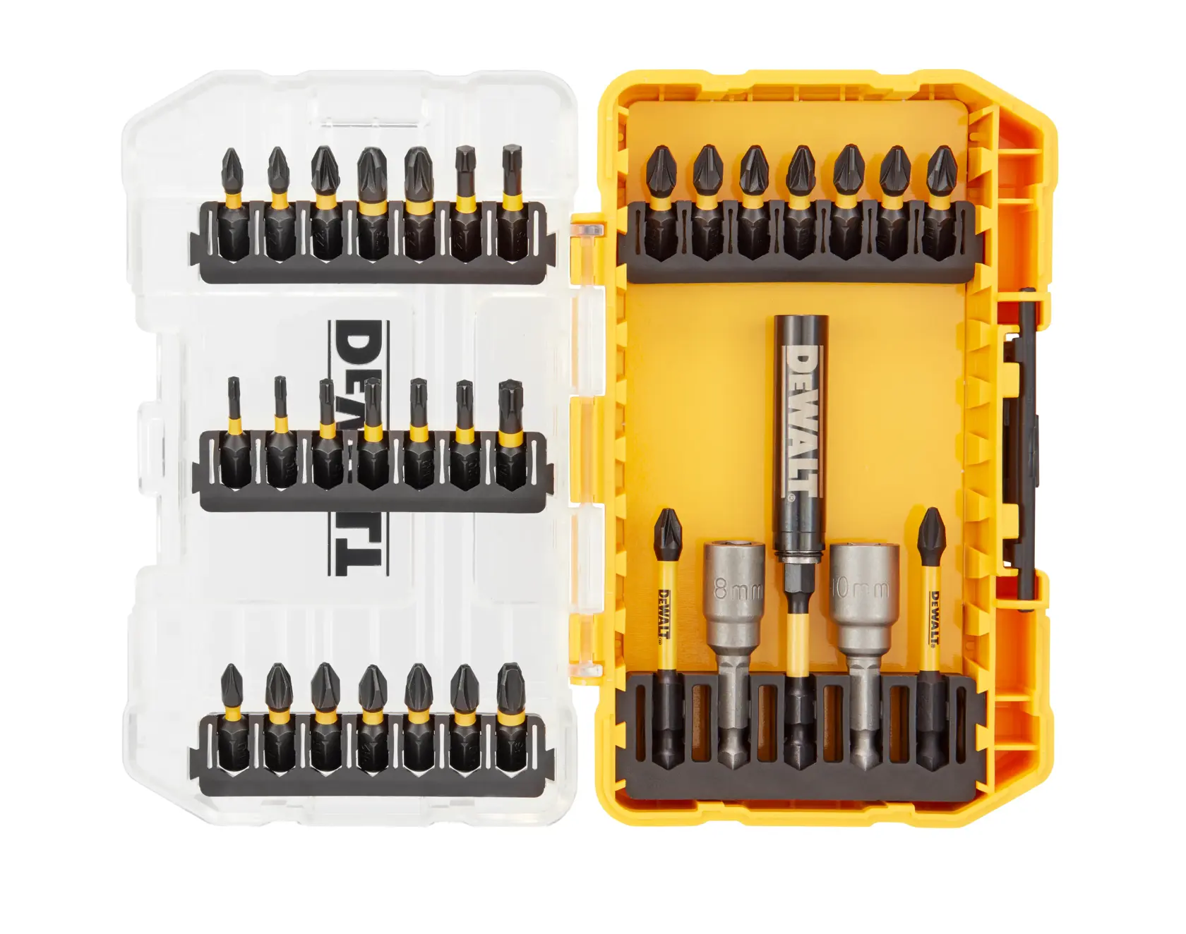 Juego de brocas DEWALT DT70742T en estuche amarillo y transparente con varios bits y accesorios organizados.