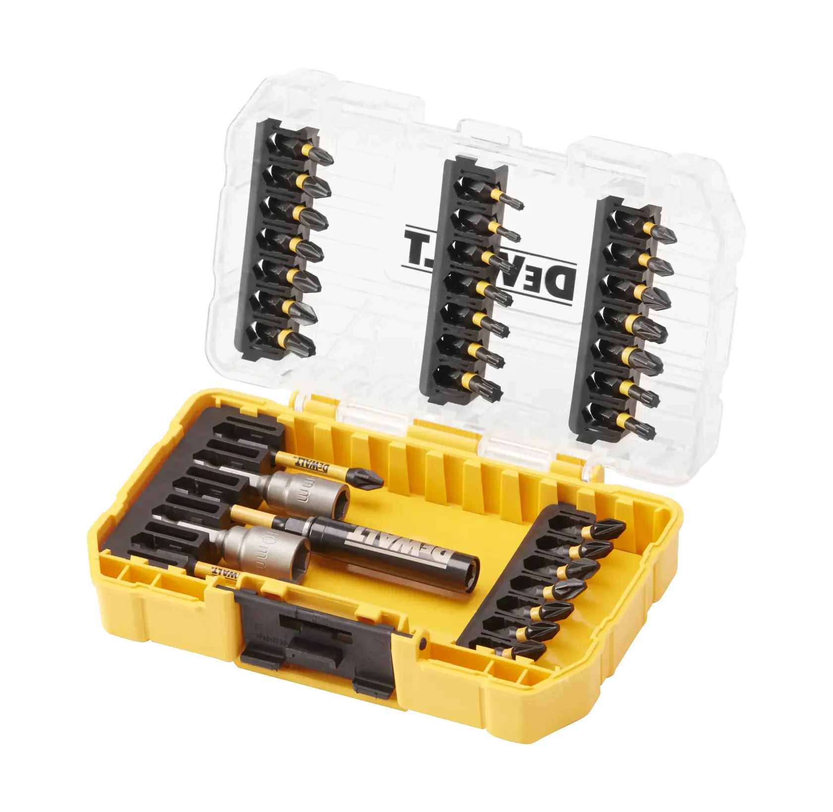 DEWALT DT70742T caja amarilla con puntas de destornillador y accesorios organizados.