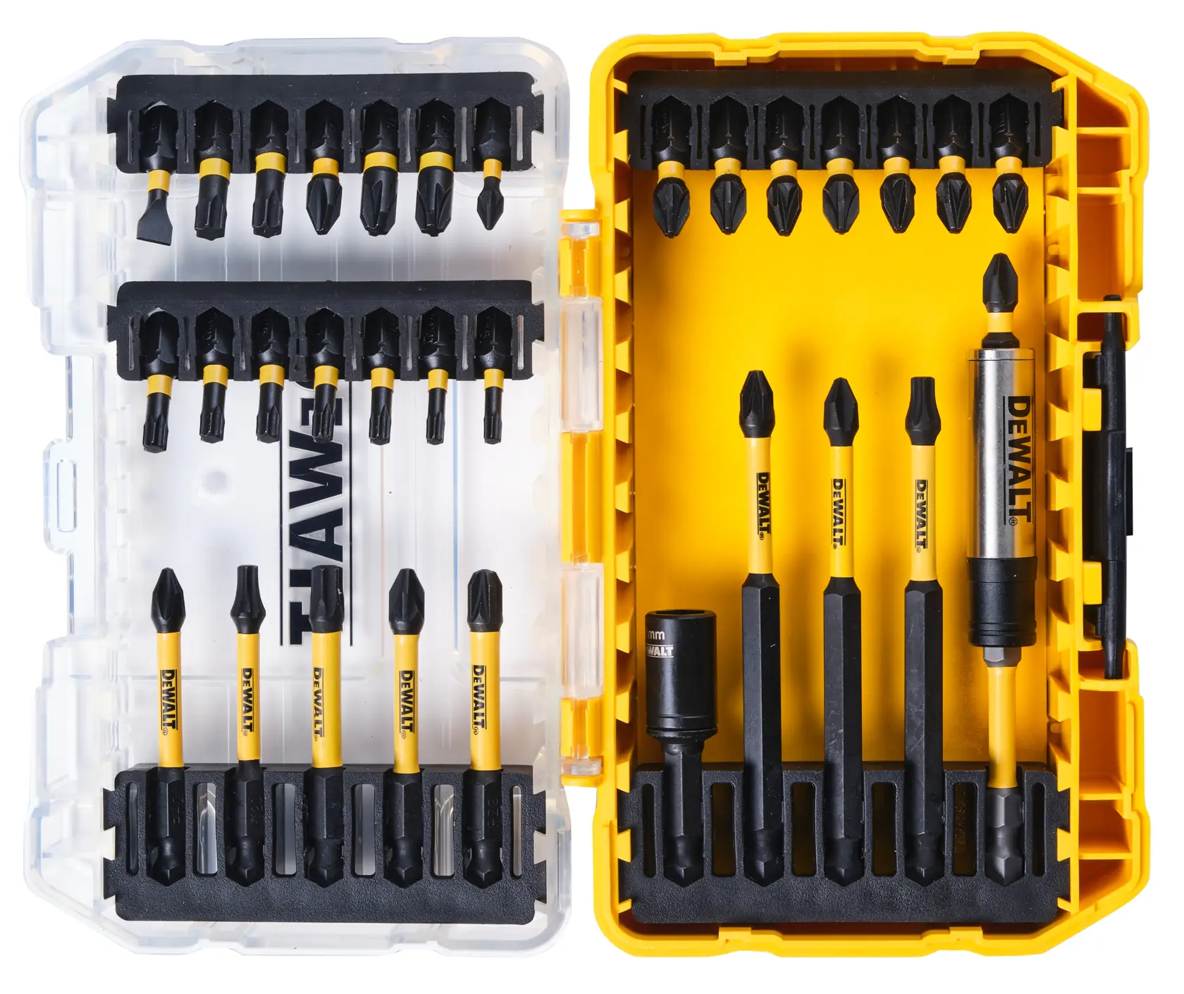 DEWALT DT70743T drill and driver bit set in yellow and clear case, 31-piece organized for easy access.