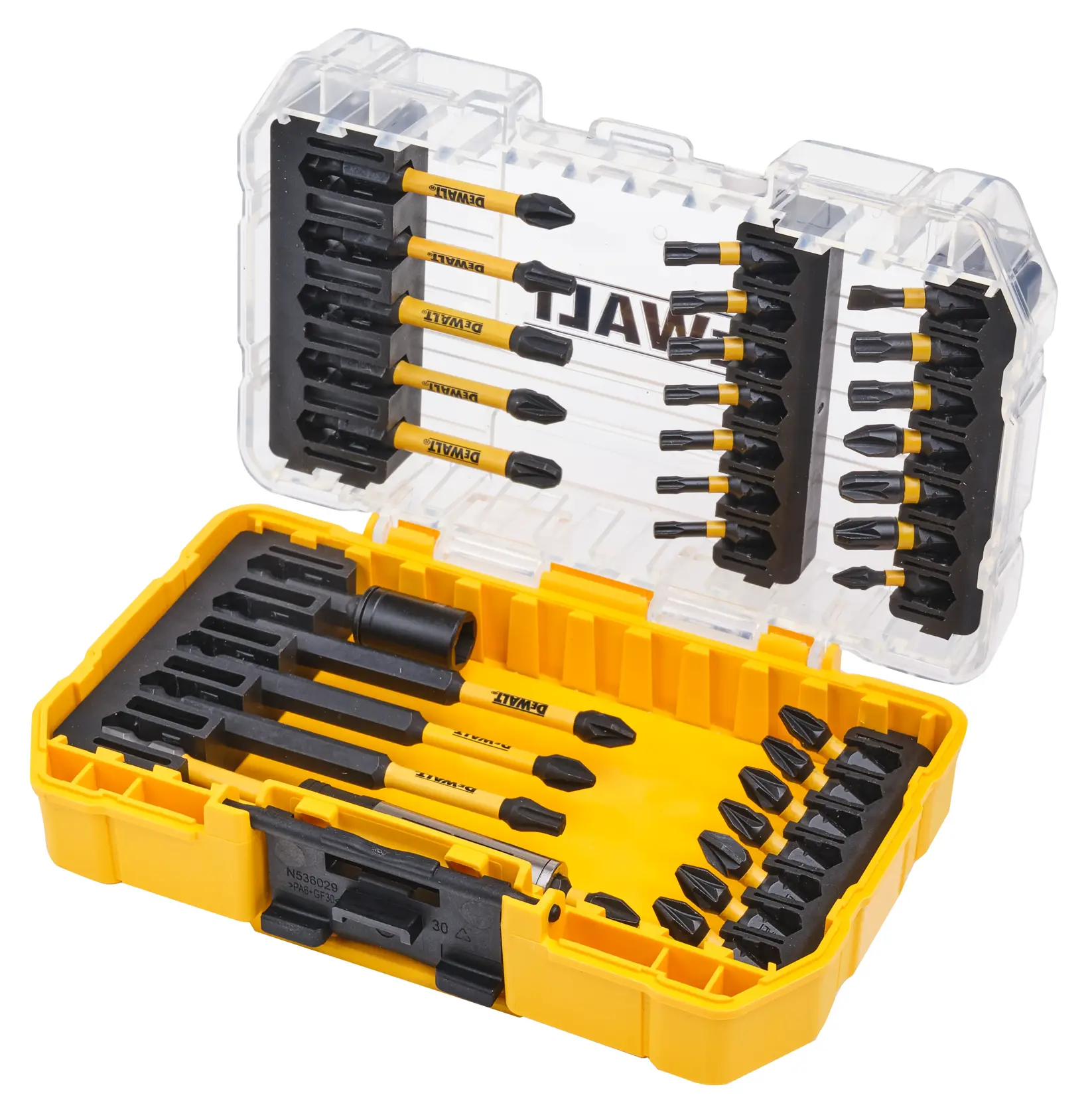 DEWALT yellow and black bit set case with assorted screwdriver bits and accessories.