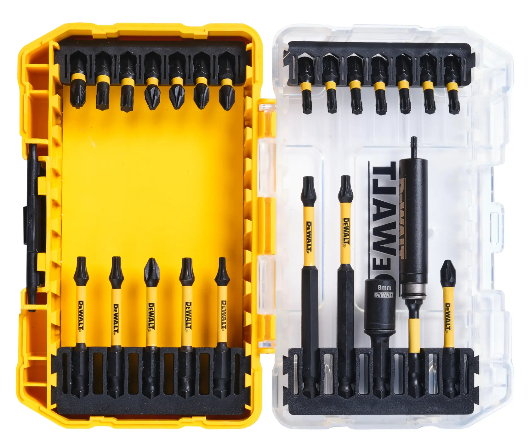 DEWALT DT70744T drill bit set in a yellow case with multiple bits and accessories organized inside.