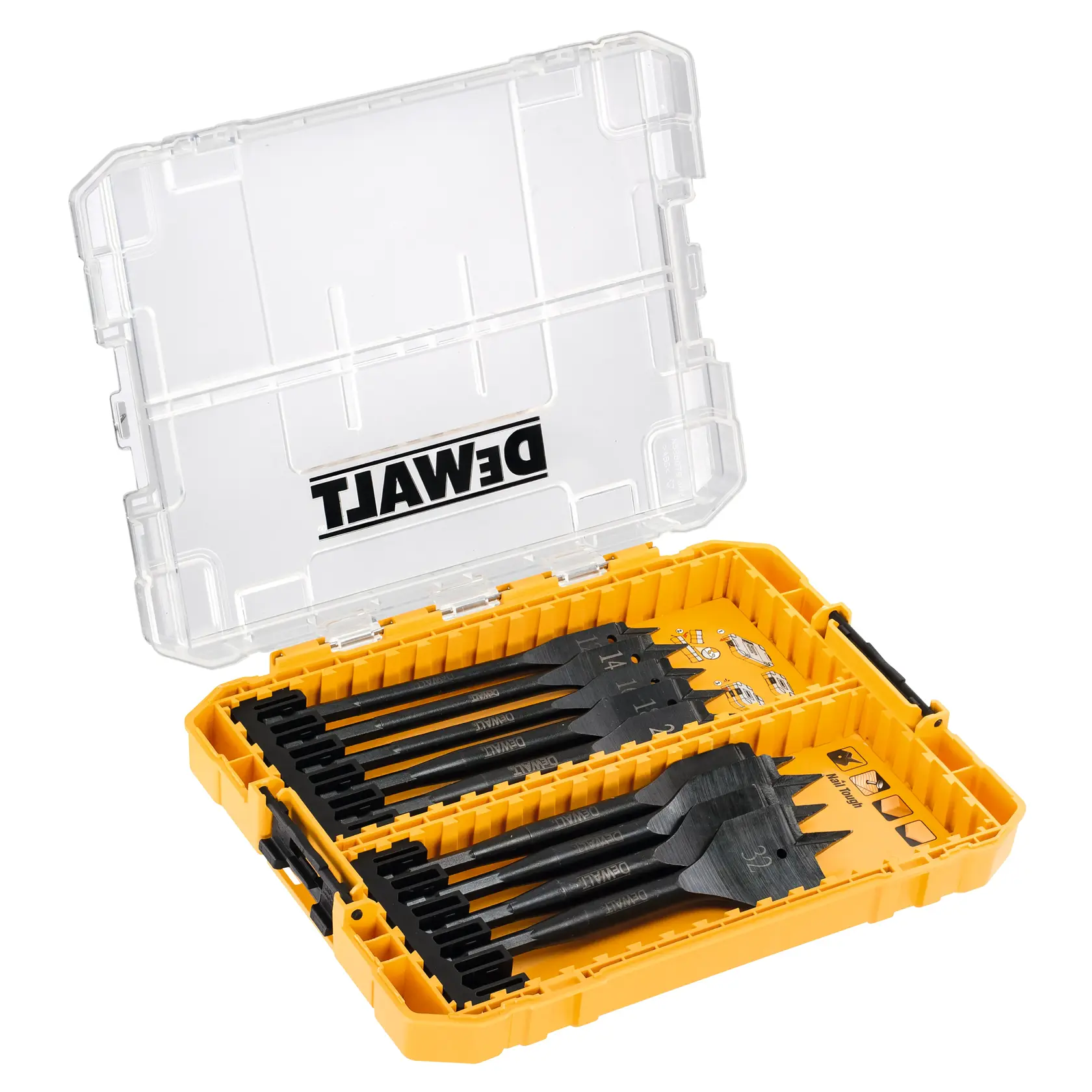 Boîte jaune DEWALT avec plusieurs forets noirs rangés, couvercle transparent partiellement ouvert.