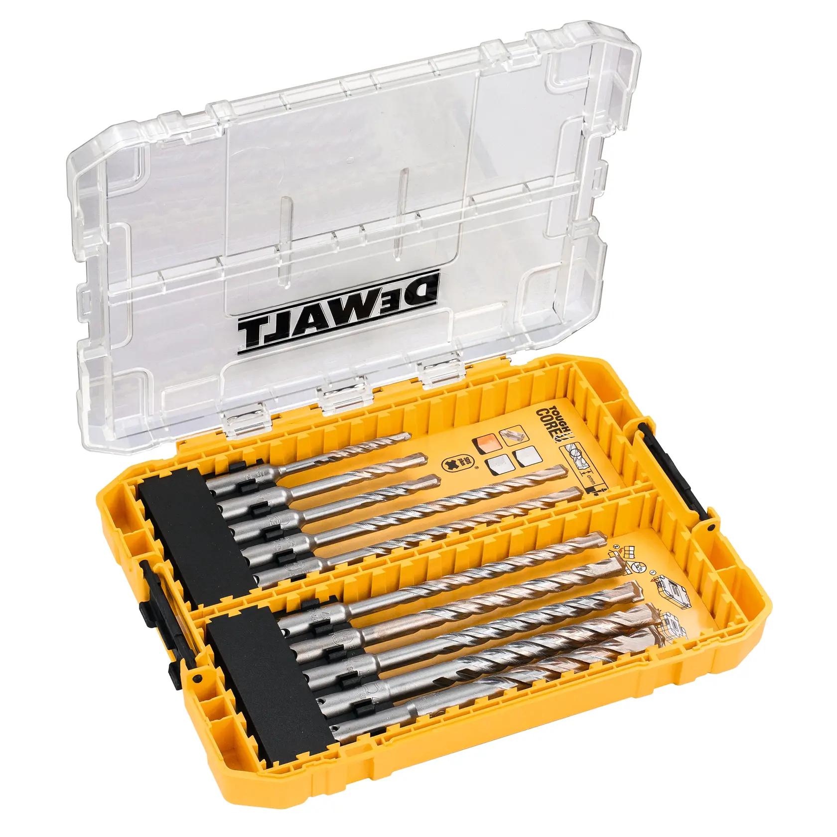 Set de forets DEWALT jaune dans un coffret transparent, contenant plusieurs forets métalliques pour perçage.