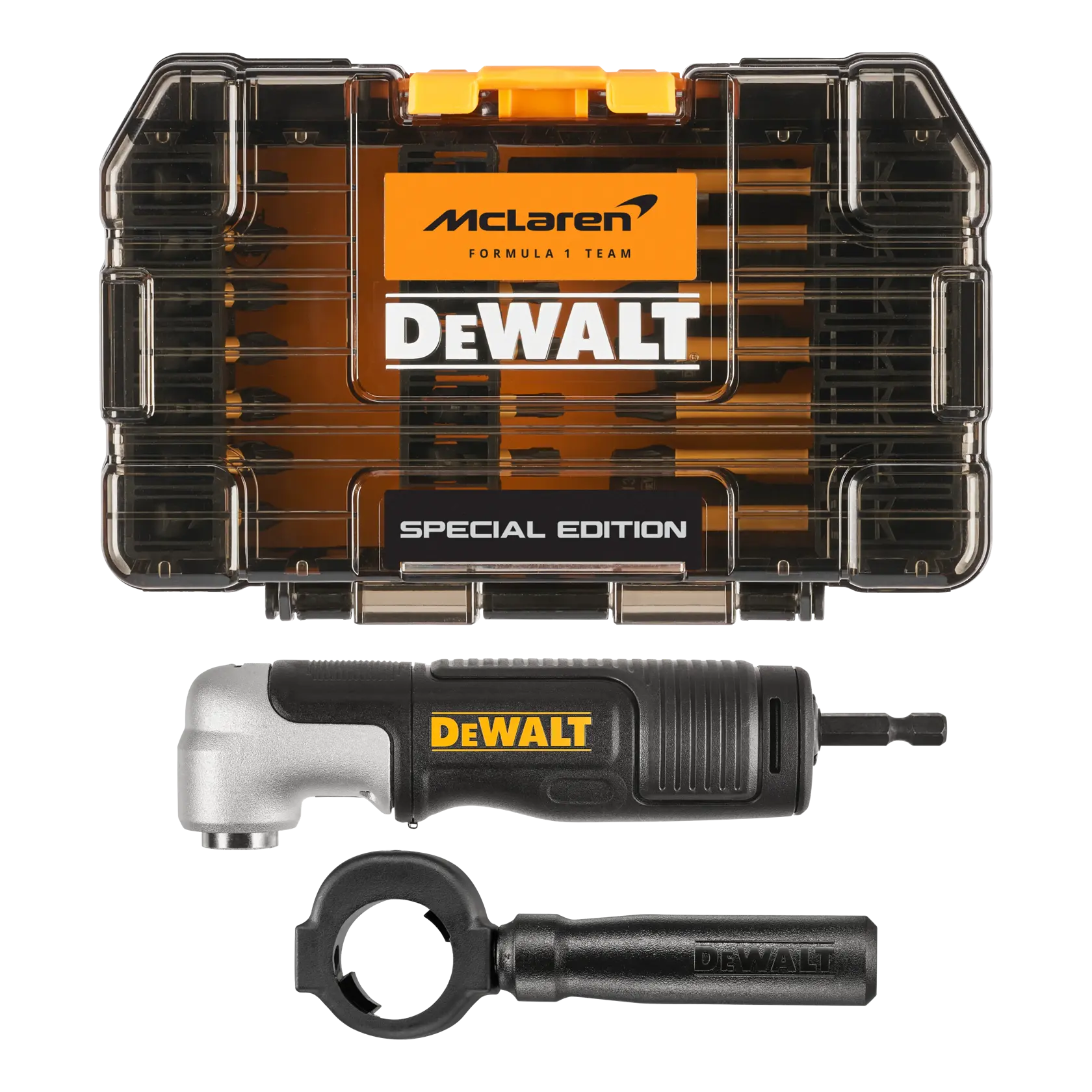 Coffret DEWALT McLaren édition spéciale avec embouts et accessoire en angle.
