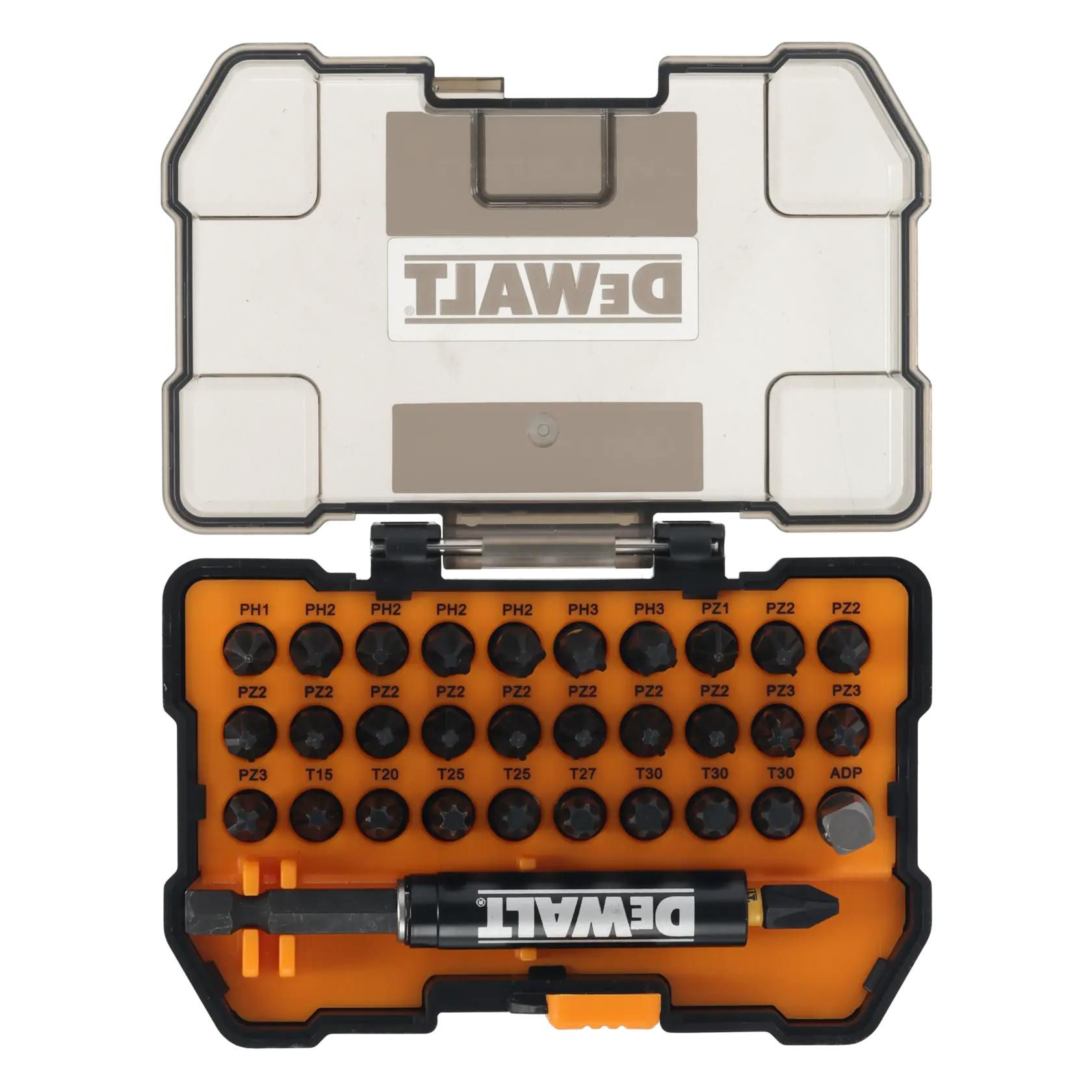 Juego de puntas DEWALT en estuche DT70900T, DT70900T-QZ, fotografía, puntas y porta magnético.