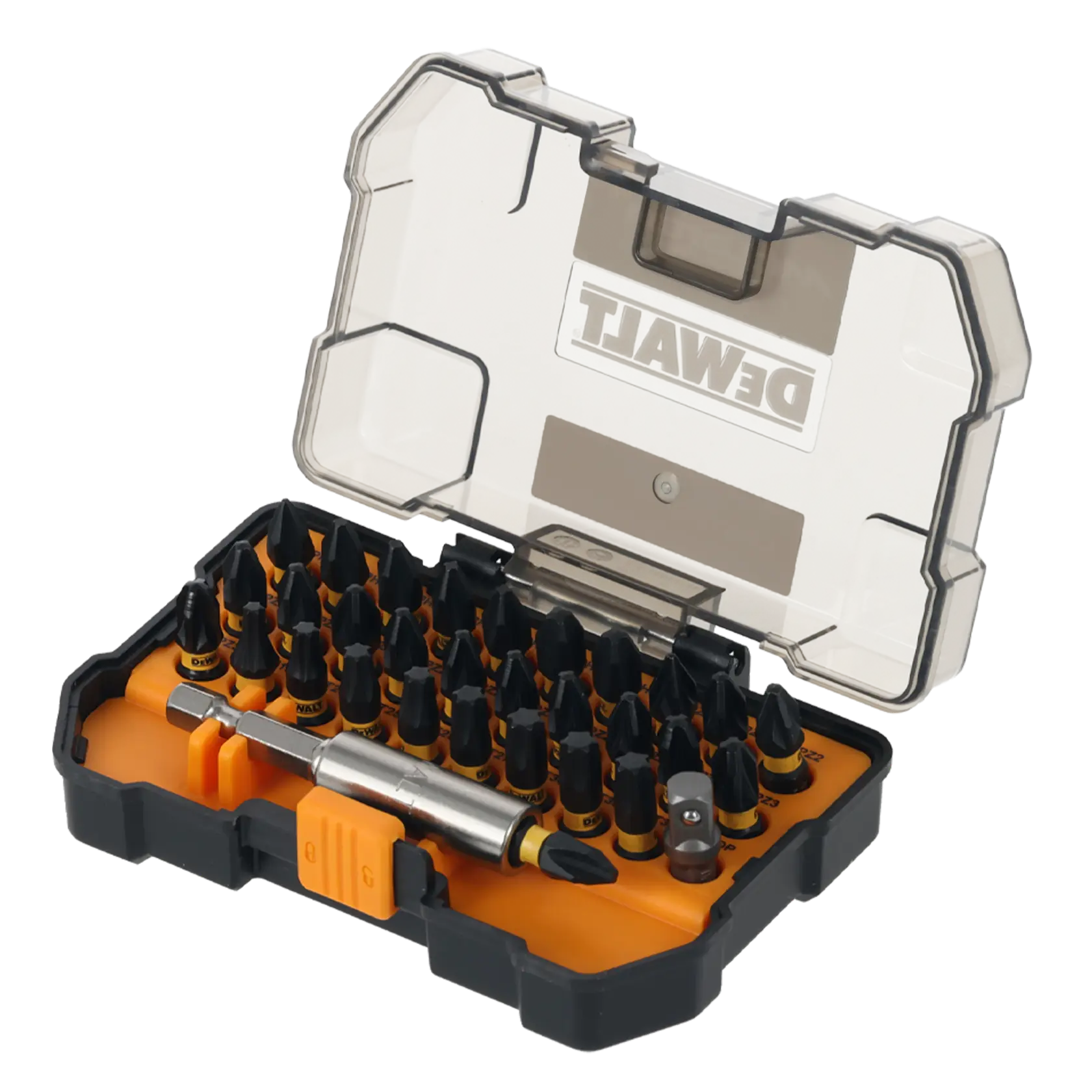DEWALT DT70901T Schrauberbit-Set in gelber und schwarzer Box mit Klarsichtdeckel, Bit-Sortiment.