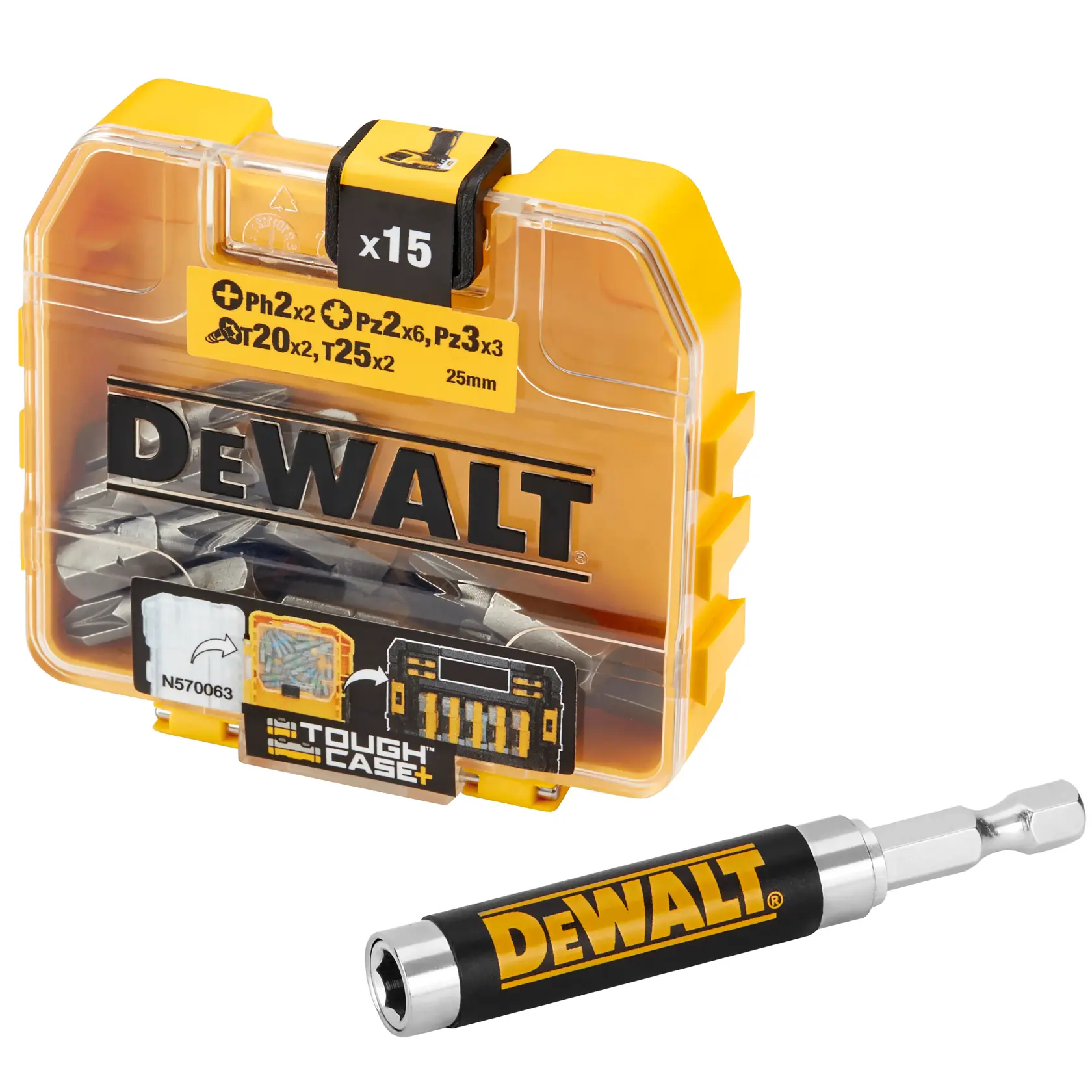 Estuche DEWALT con 15 puntas de destornillador y portapuntas magnético, modelo DT71511, amarillo y negro.