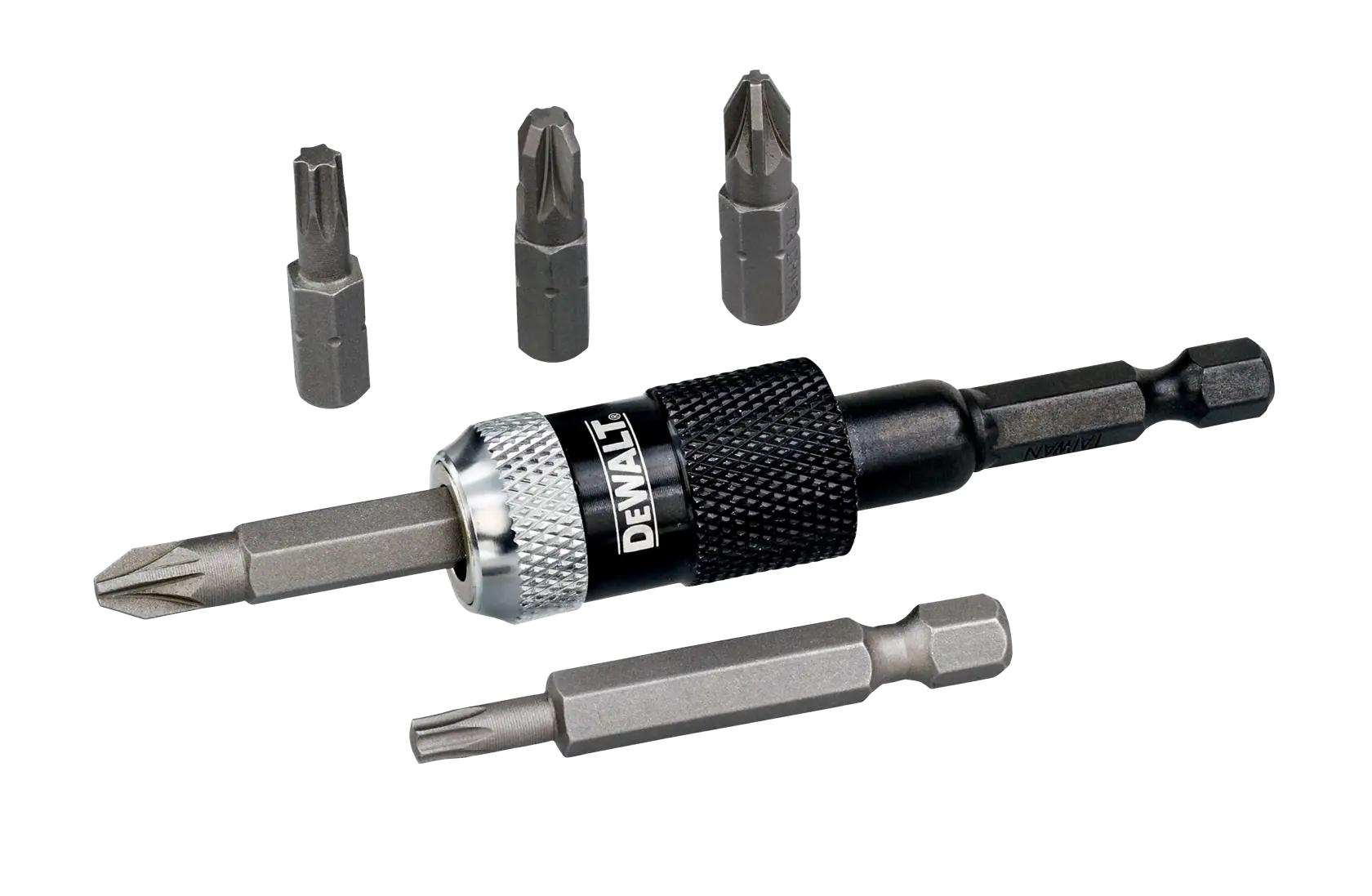A DEWALT screwdriver bit set including a black and silver magnetic bit holder with five interchangeable screwdriver bits, all arranged on a white background.