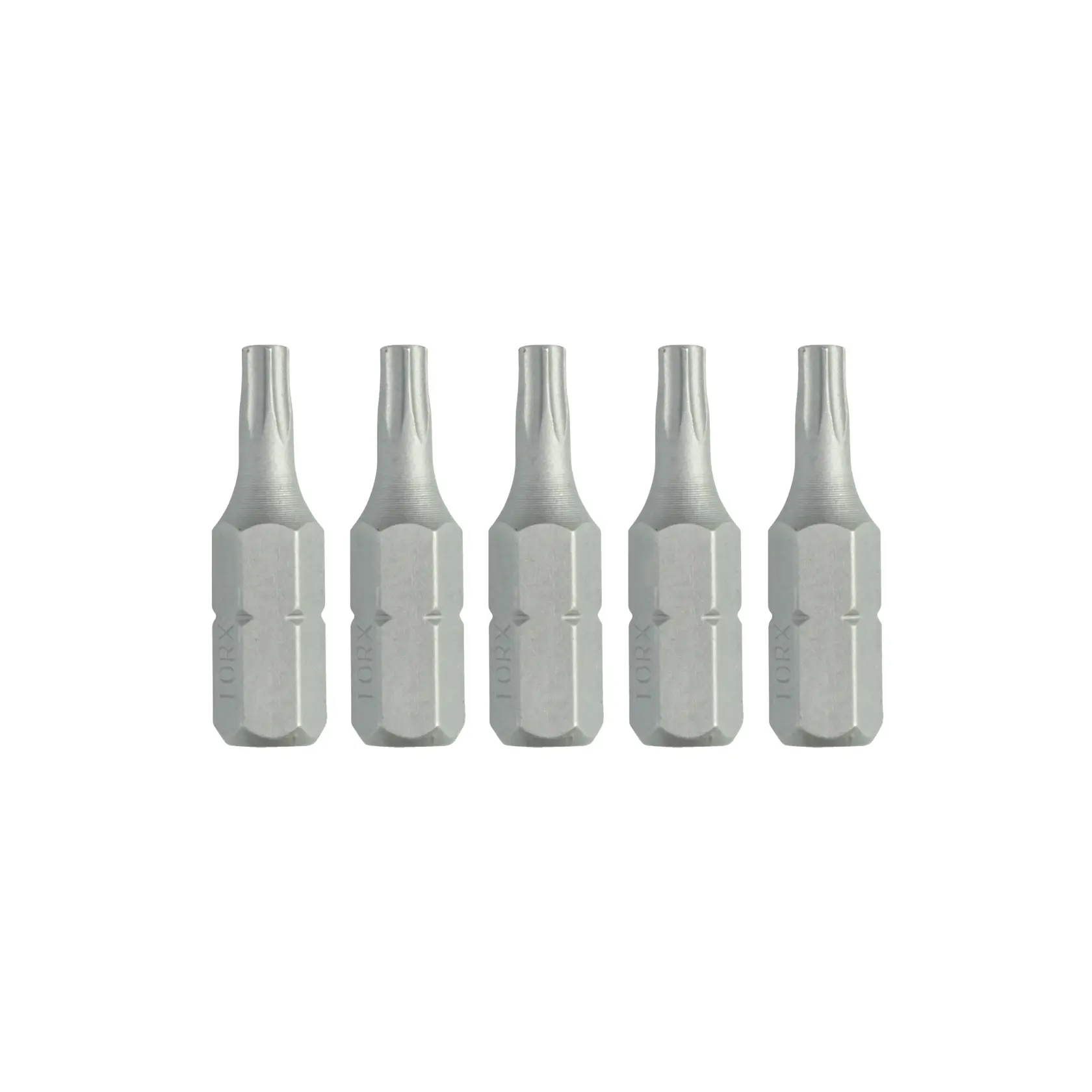 Juego de cinco puntas Torx DEWALT plateadas alineadas, base hexagonal.