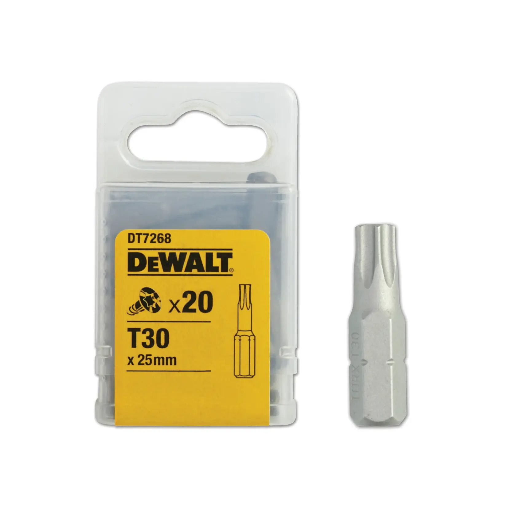 Paquete DEWALT DT7268 con 20 puntas T30 x 25mm y una punta mostrada fuera de la caja.