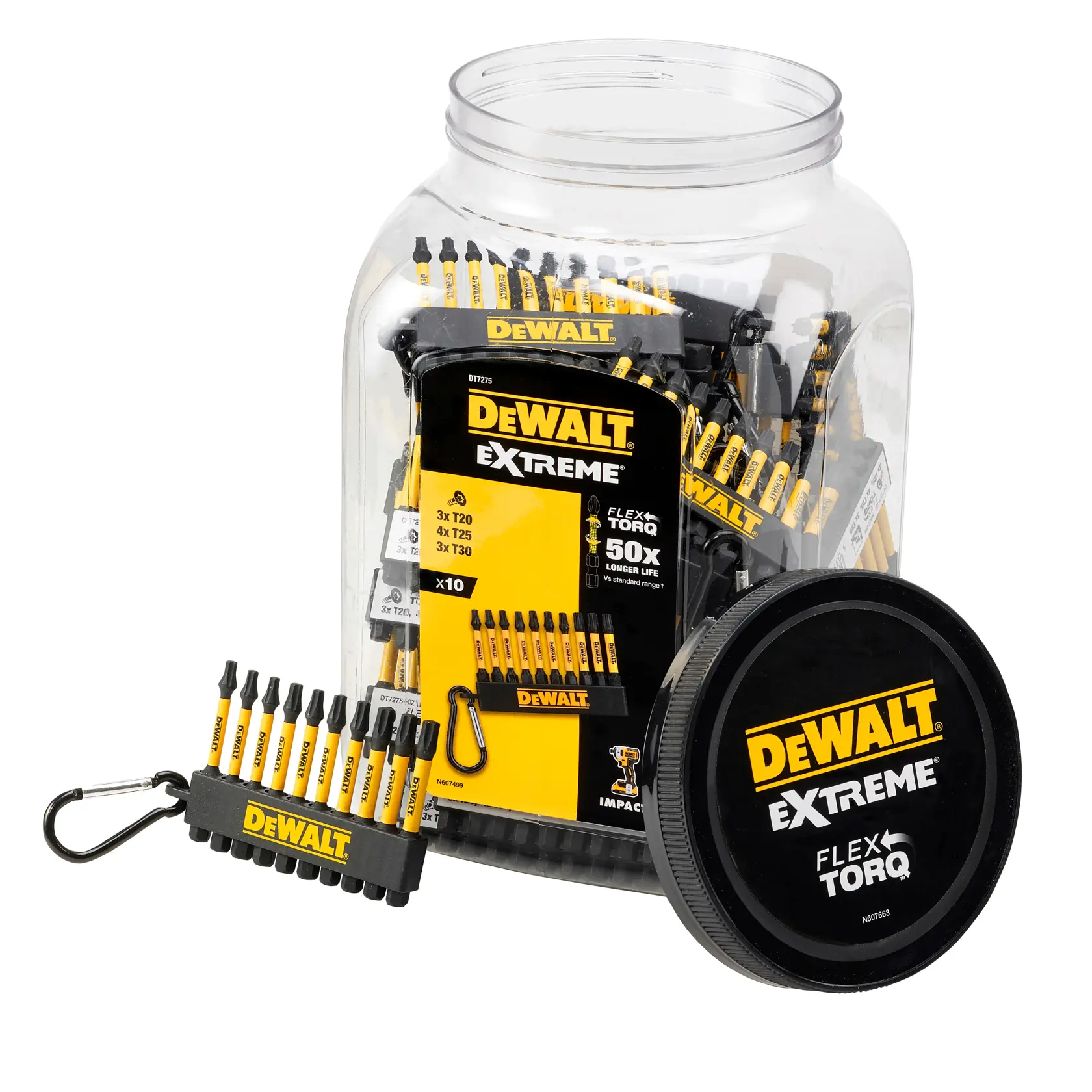 DEWALT DT7275 Extreme FlexTorq bit set in a clear jar, including ten yellow and black screwdriver bits.