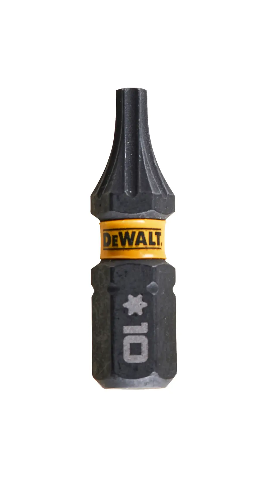 Punta de destornillador estrella DEWALT DT7379T con banda amarilla y tamaño 10, sobre fondo blanco.