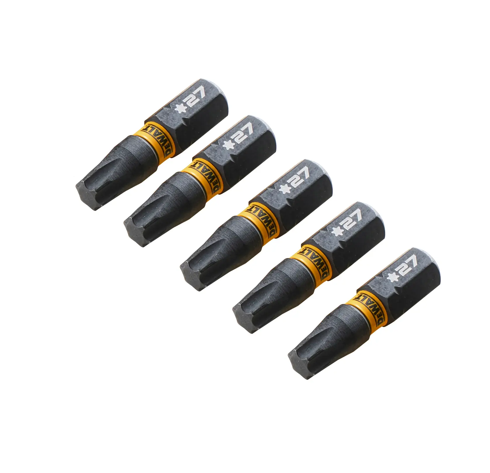 Cinco puntas de destornillador DEWALT DT7383T dispuestas en diagonal sobre fondo blanco.