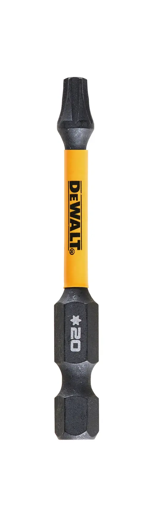 DEWALT DT7395T star screwdriver bit with yellow shaft and black tips, size T20, isolated on white.