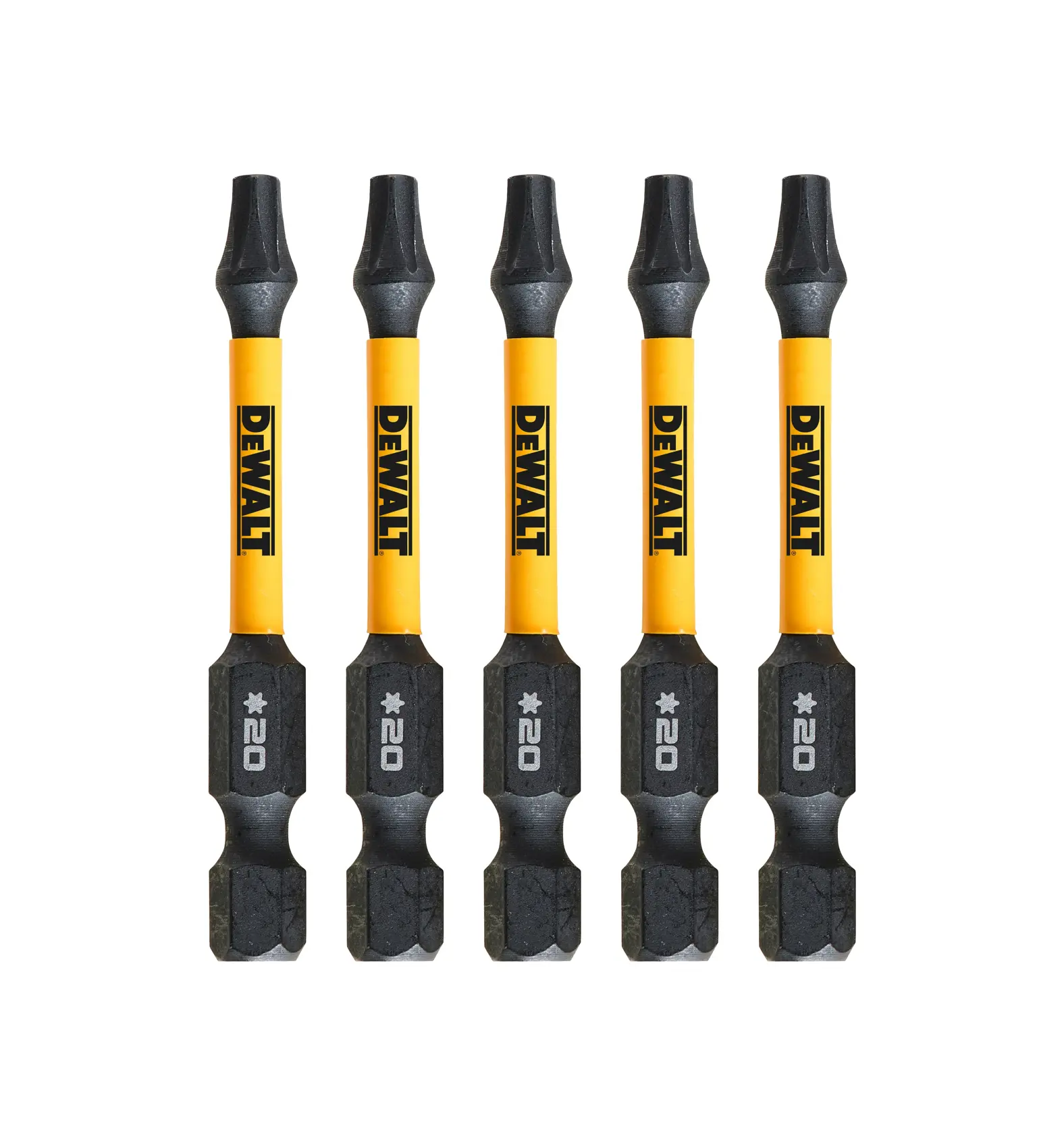 Cinco puntas de destornillador DEWALT T20 amarillas y negras alineadas.