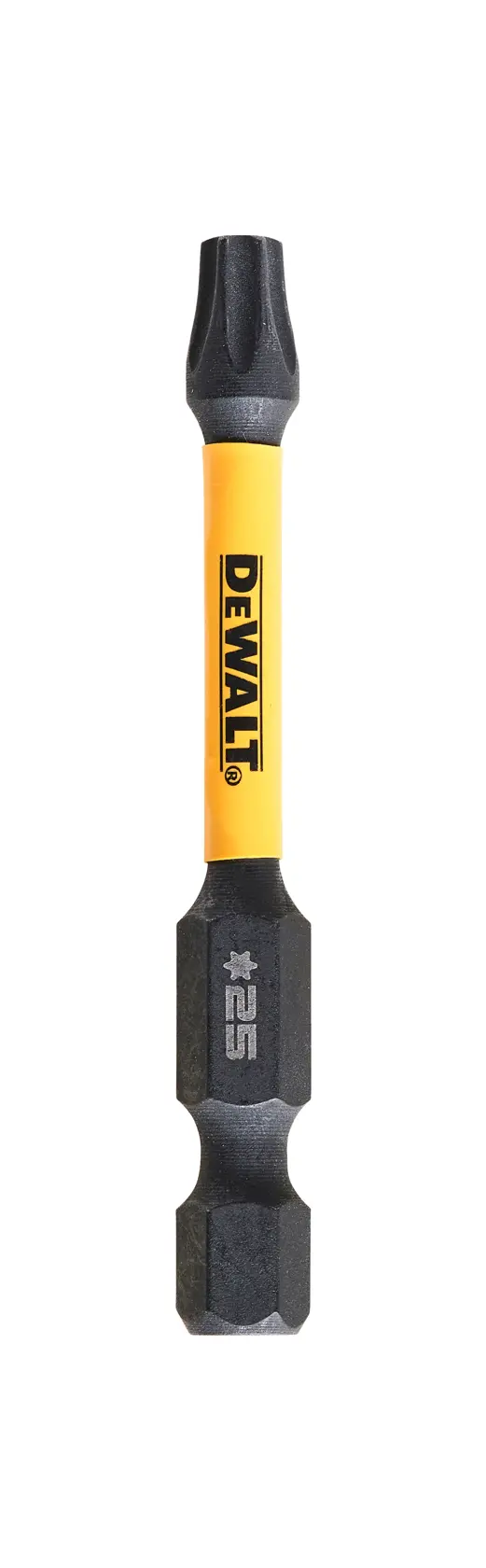 DEWALT DT7396T screwdriver bit with yellow body and black ends, marked #25, shown on white background.