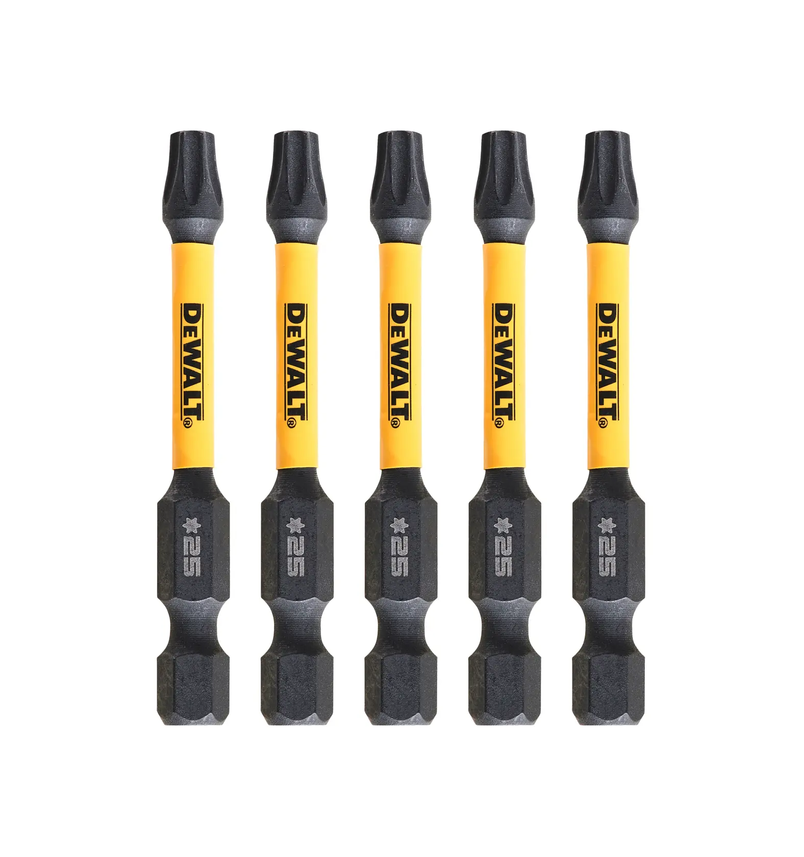 Cinco puntas Torx DEWALT de eje amarillo y punta negra alineadas sobre fondo blanco.
