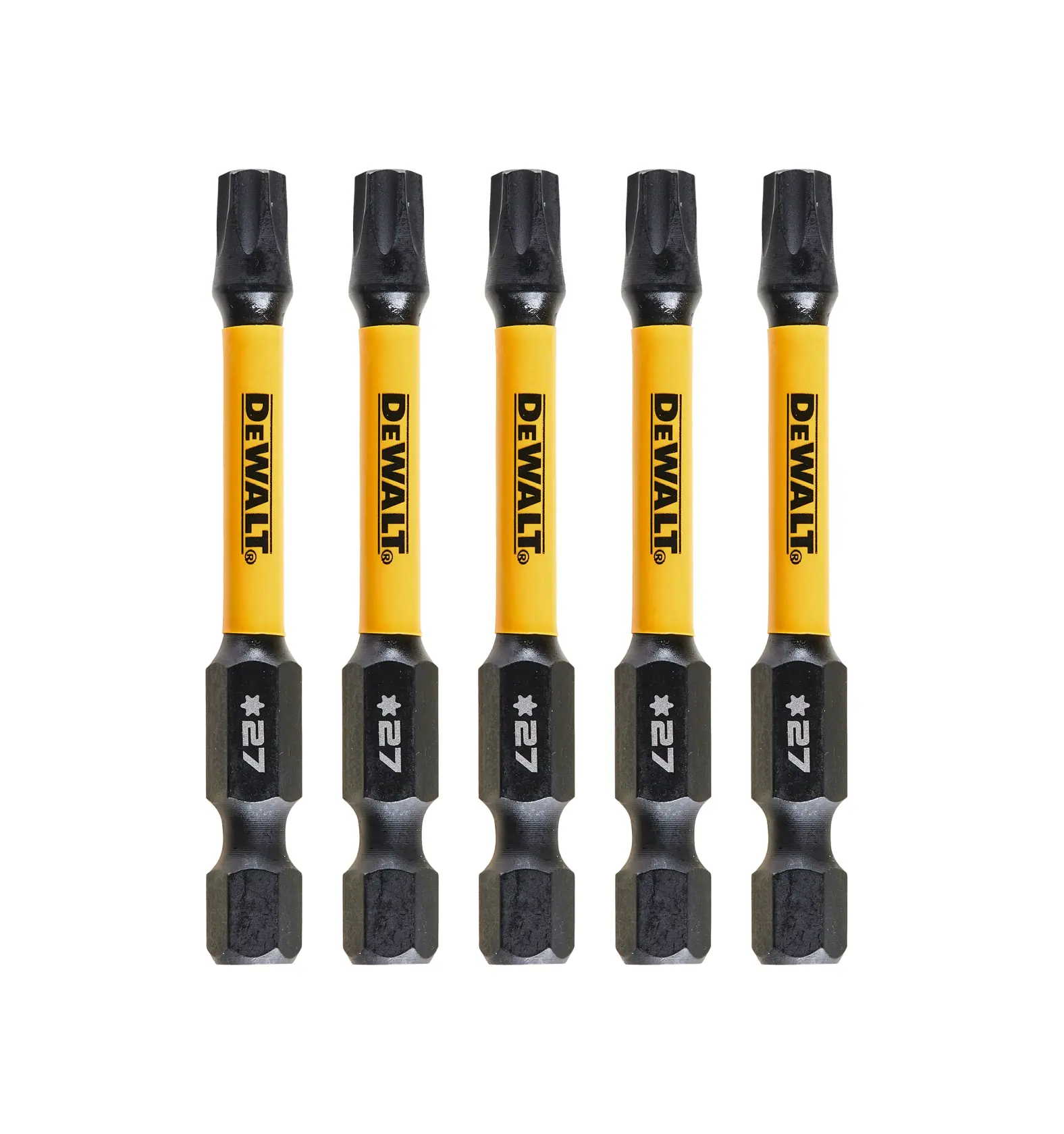 Five DEWALT Torx screwdriver bits, yellow and black, size T27, lined up vertically on white background.