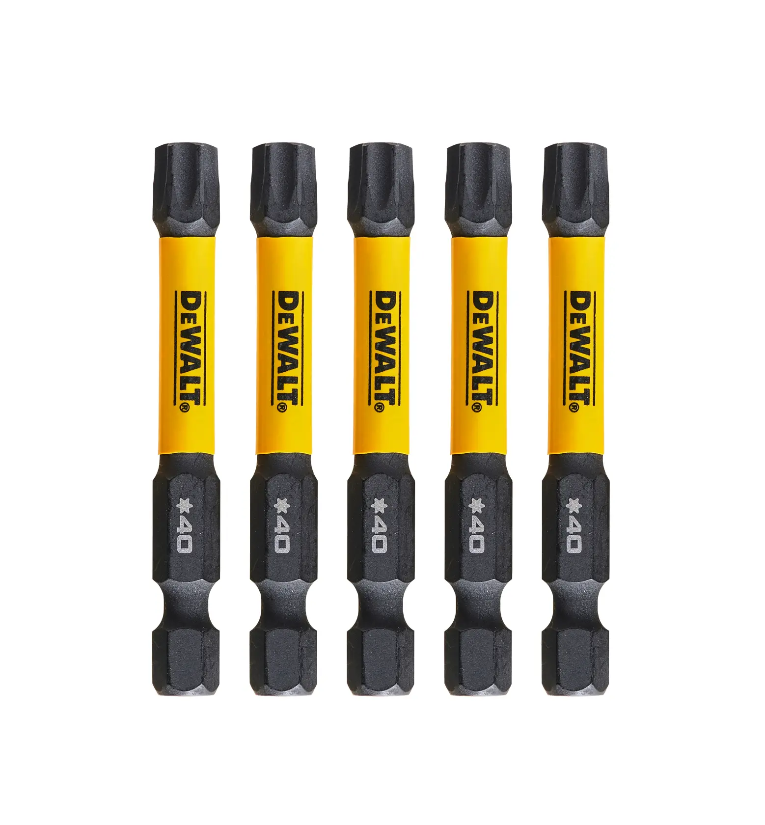 Cinco puntas de destornillador DEWALT DT7399T amarillo y negro.