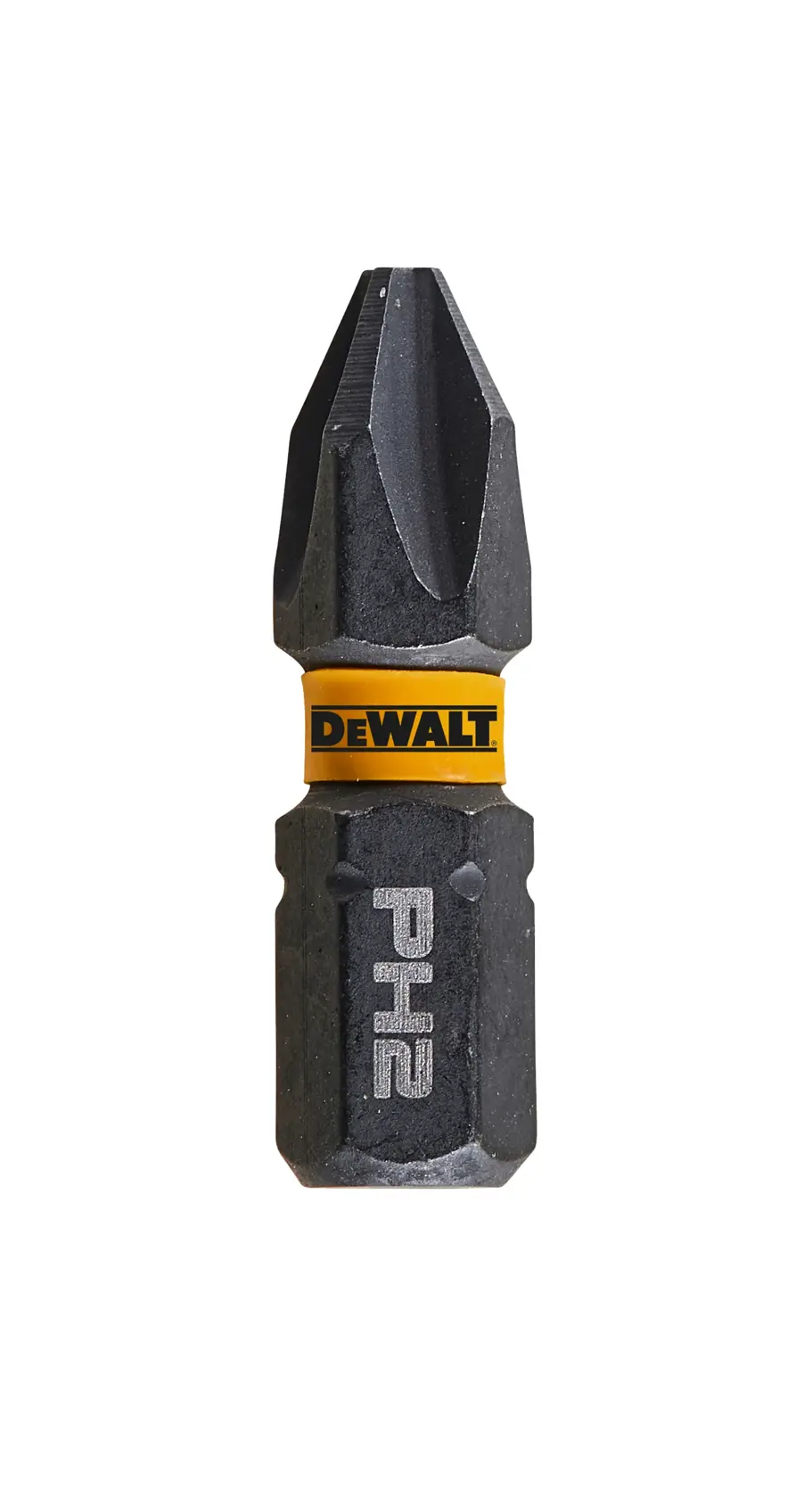 DEWALT PH2 screwdriver bit with yellow ring, shown isolated on white background.