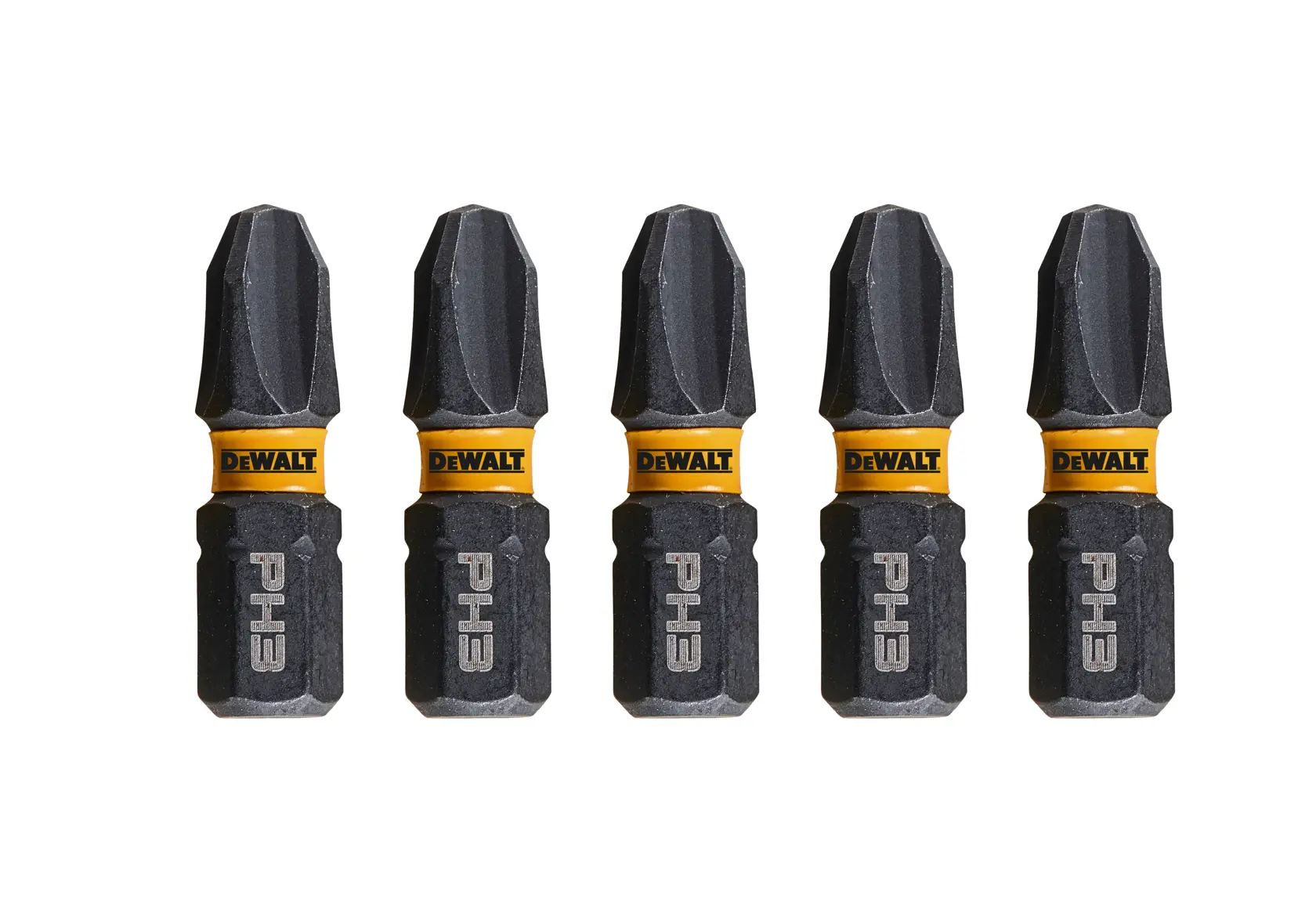 Cinco puntas de destornillador DEWALT PH3 alineadas sobre fondo blanco.