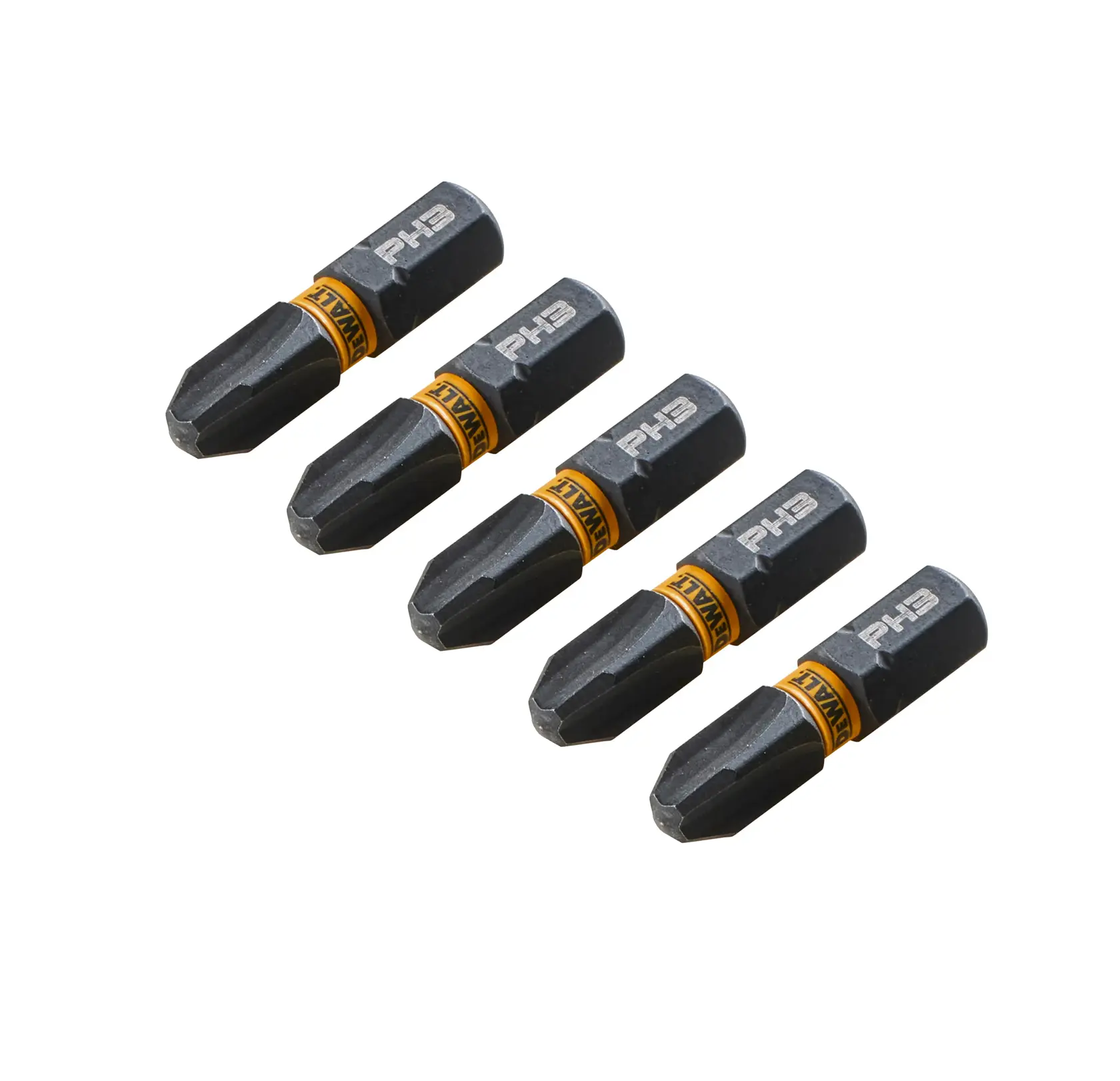 Cinco puntas DEWALT PH3 con marca amarilla, dispuestas en diagonal sobre fondo blanco.