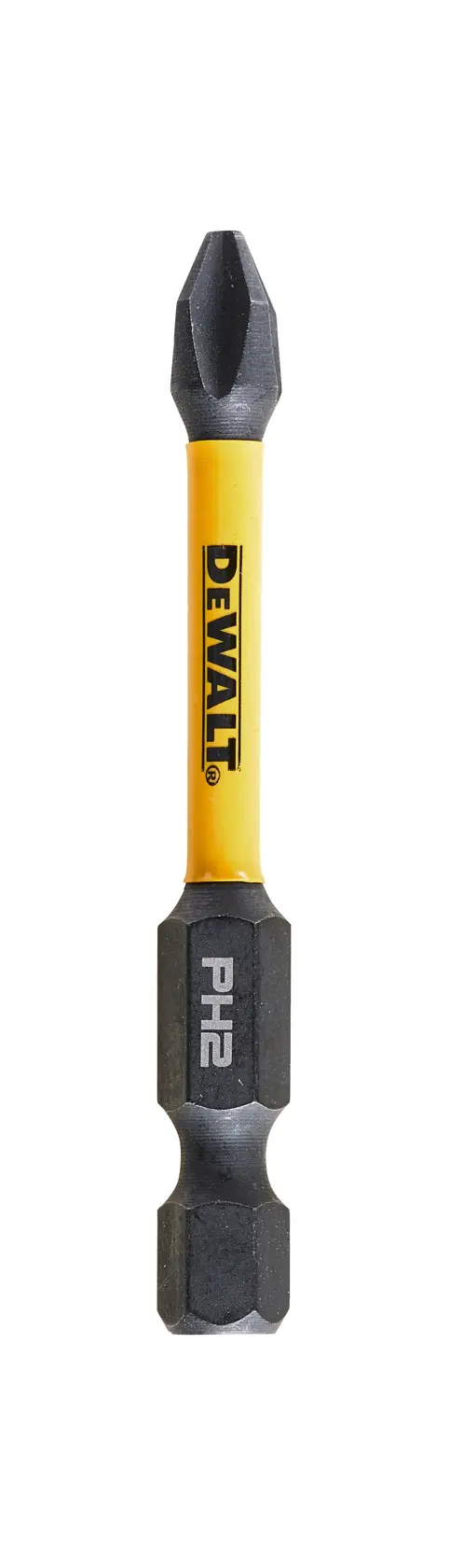 DEWALT PH2 screwdriver bit with yellow shaft and black ends, shown against a white background.